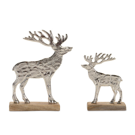 Metal Deer Silhouette with Wood Base, Set of 2