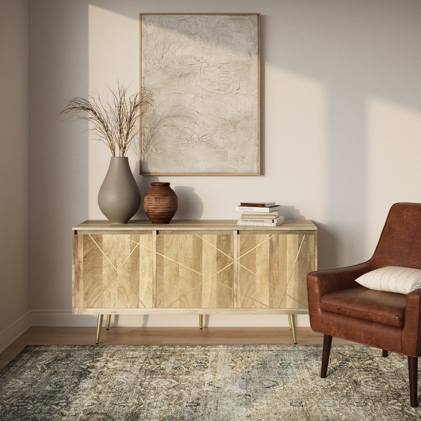 Graceful 3-Door Buffet Cabinet with Adjustable Shelves and Metal Legs