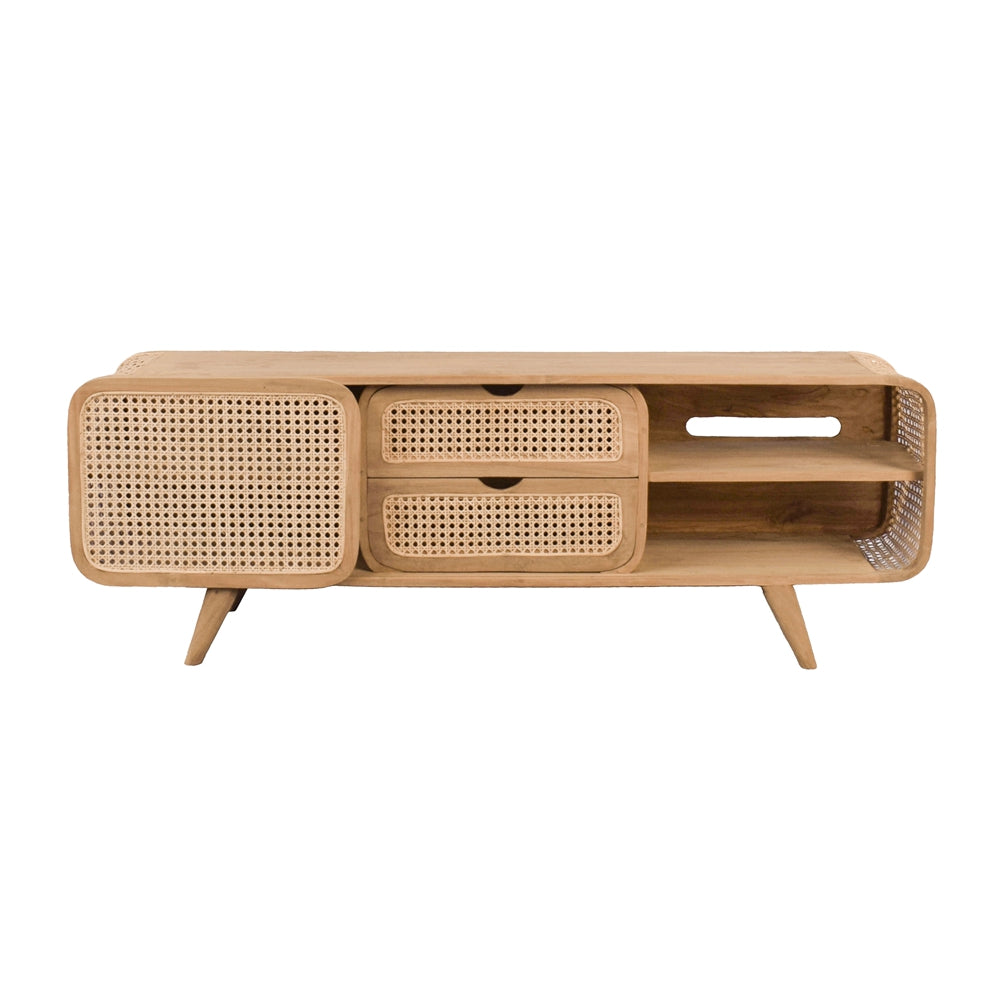 Wood and Rattan Cabinet with Curved Frame, 2 Drawers and Shelves