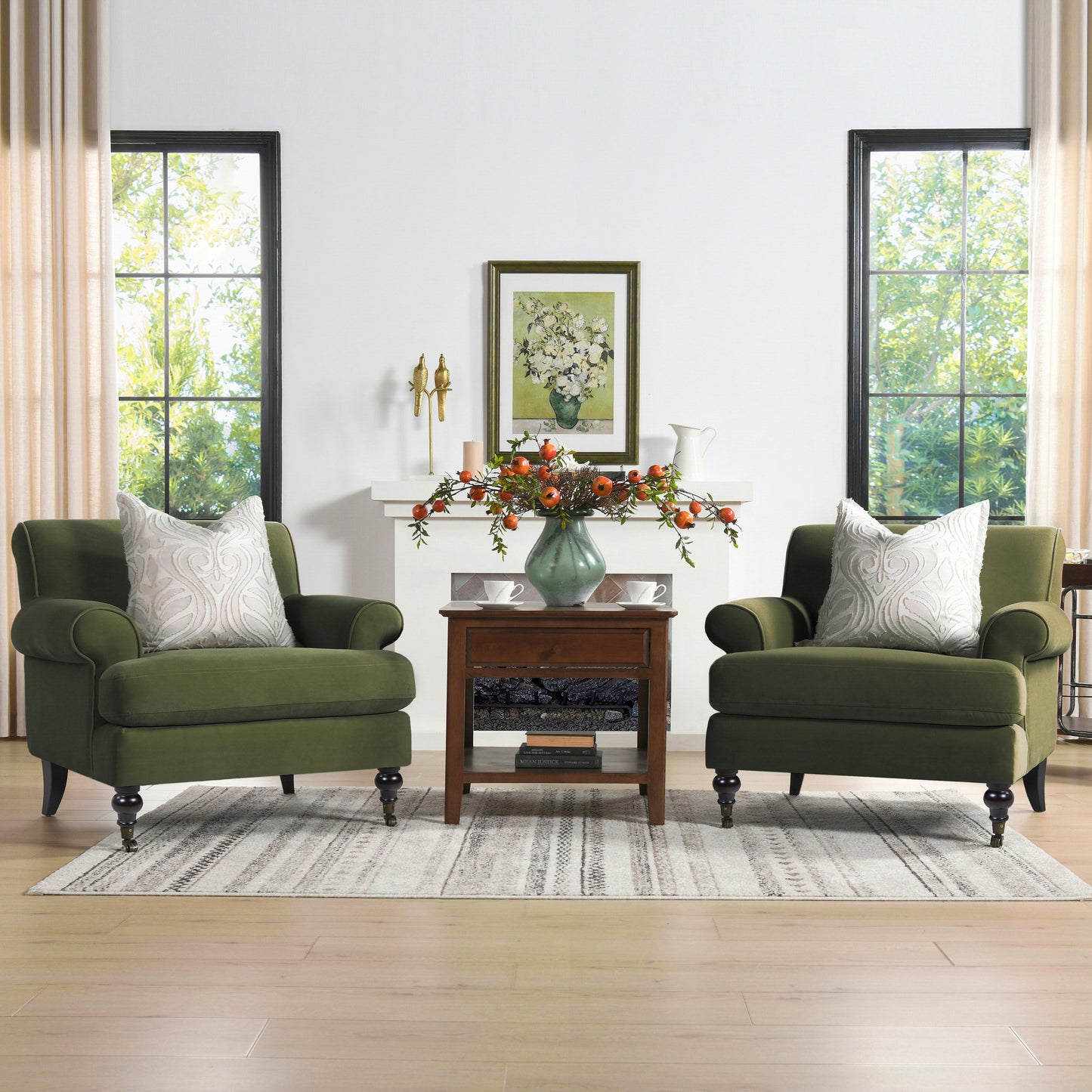 Cobaltex Upholstered Arm Chair with Metal Casters and Rolled Arms
