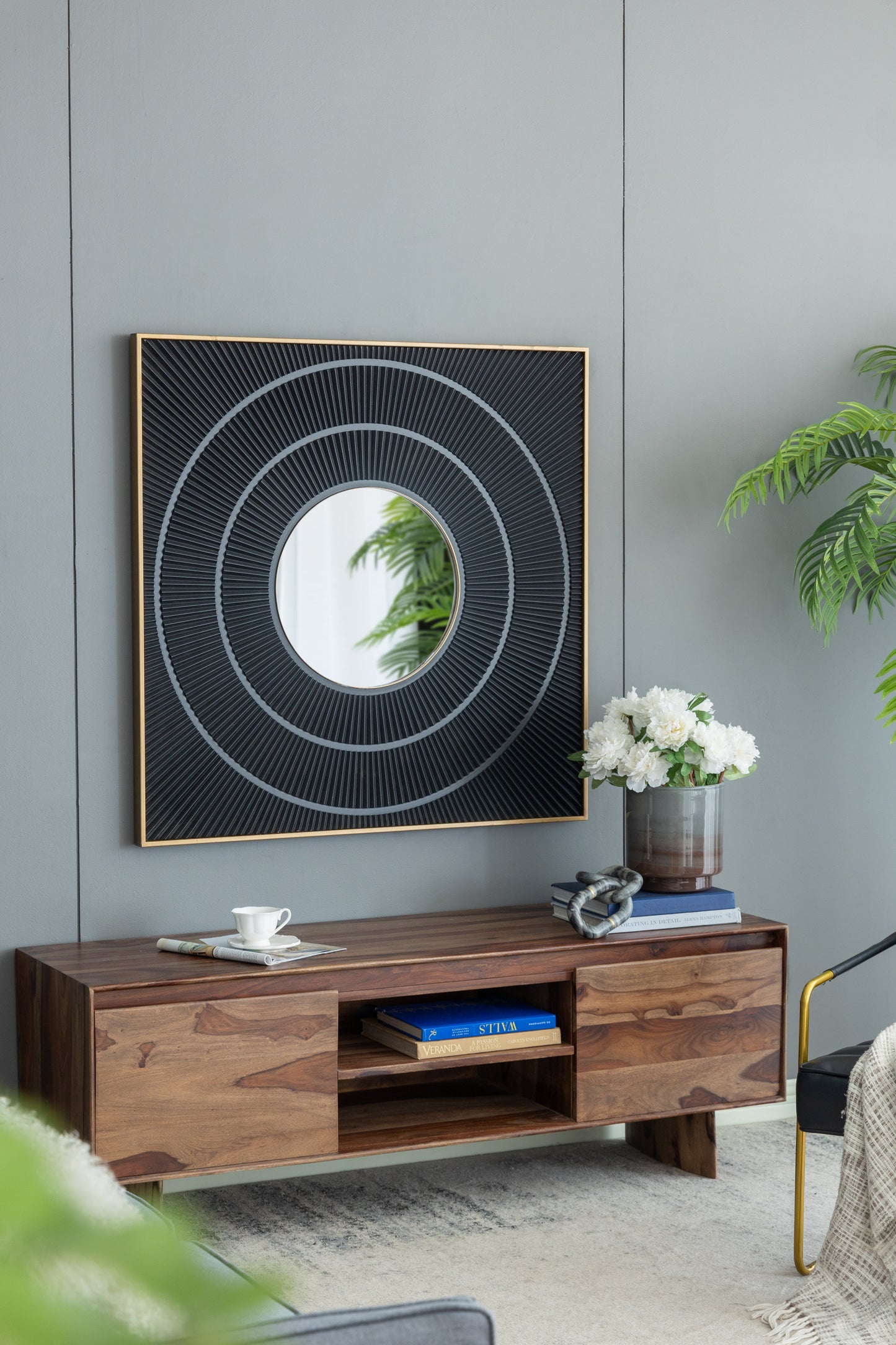 Square Wall Mirror with Pleated Design and Gold Iron Frame