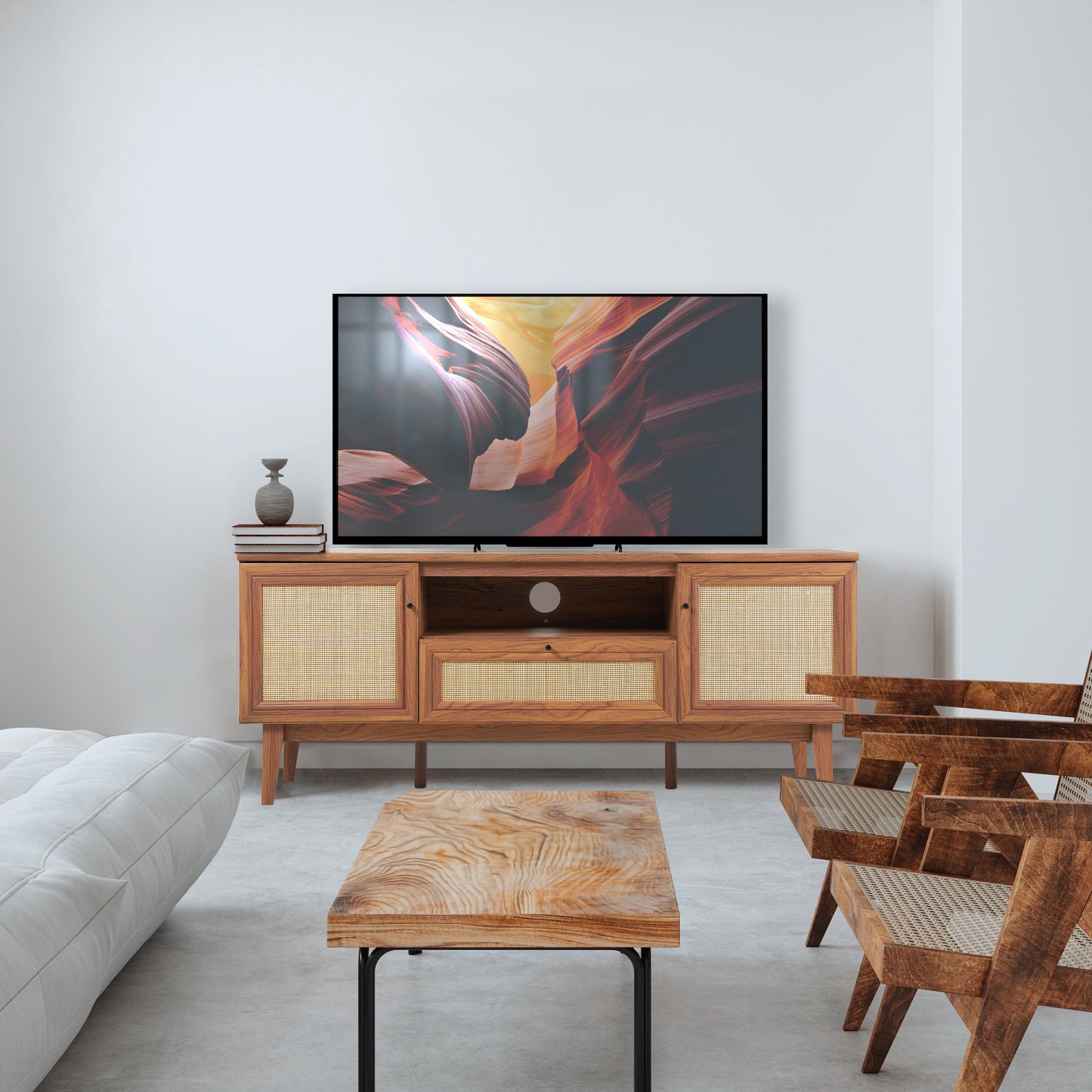 Caned TV Stand, Drawer, Storage Doors Fits TVs up to 65", Cable Management