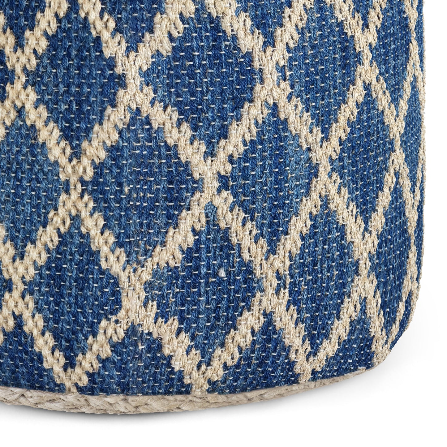 Round Pouf with Cotton and Jute Woven Diamond Pattern