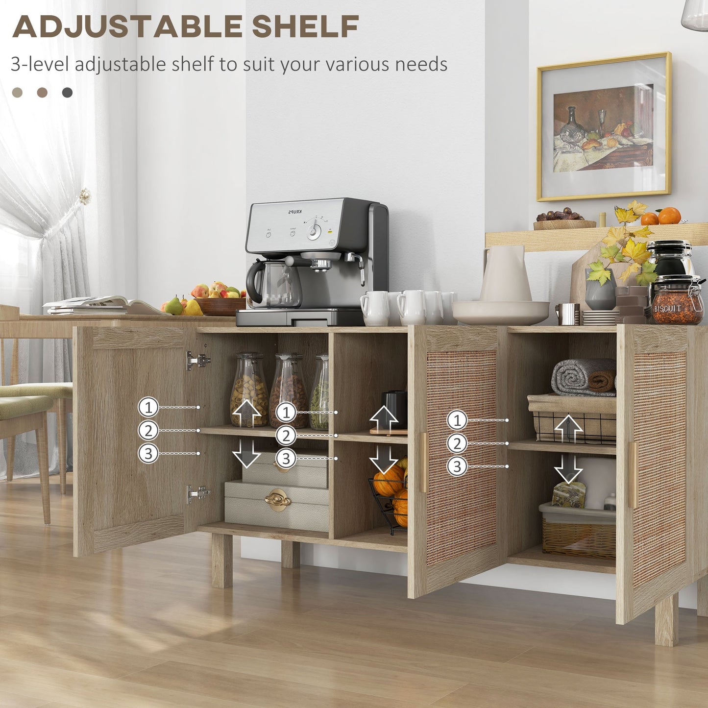 Particle Board Cabinet with 3 Rattan Doors and Adjustable Shelves