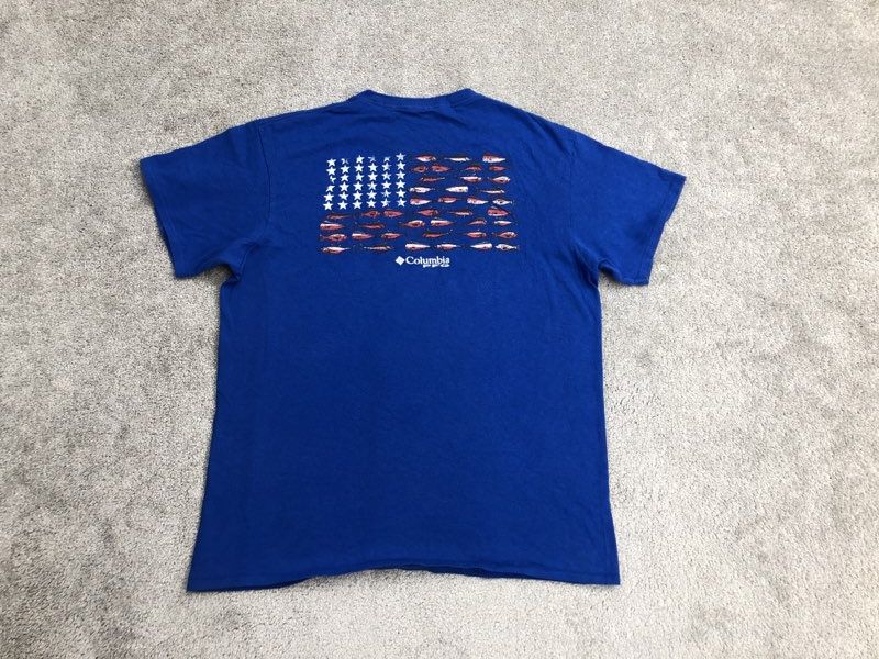 Columbia T Shirt Mens Medium Blue Crew Neck Graphic Tee Short Sleeve 100% Cotton