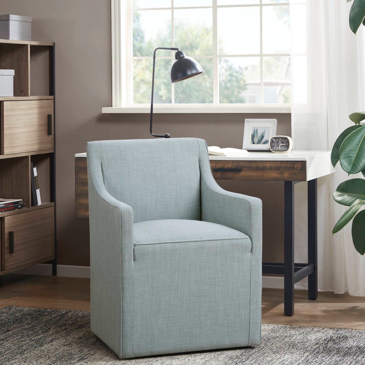 Upholstered Accent Chair with Hidden Casters and Sloped Arms