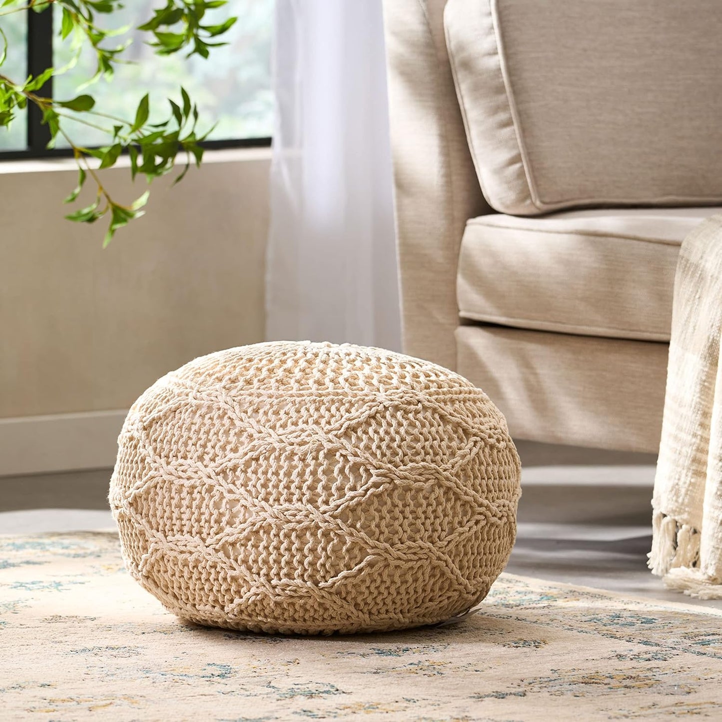 Splendid Round Knitted Wool Pouf