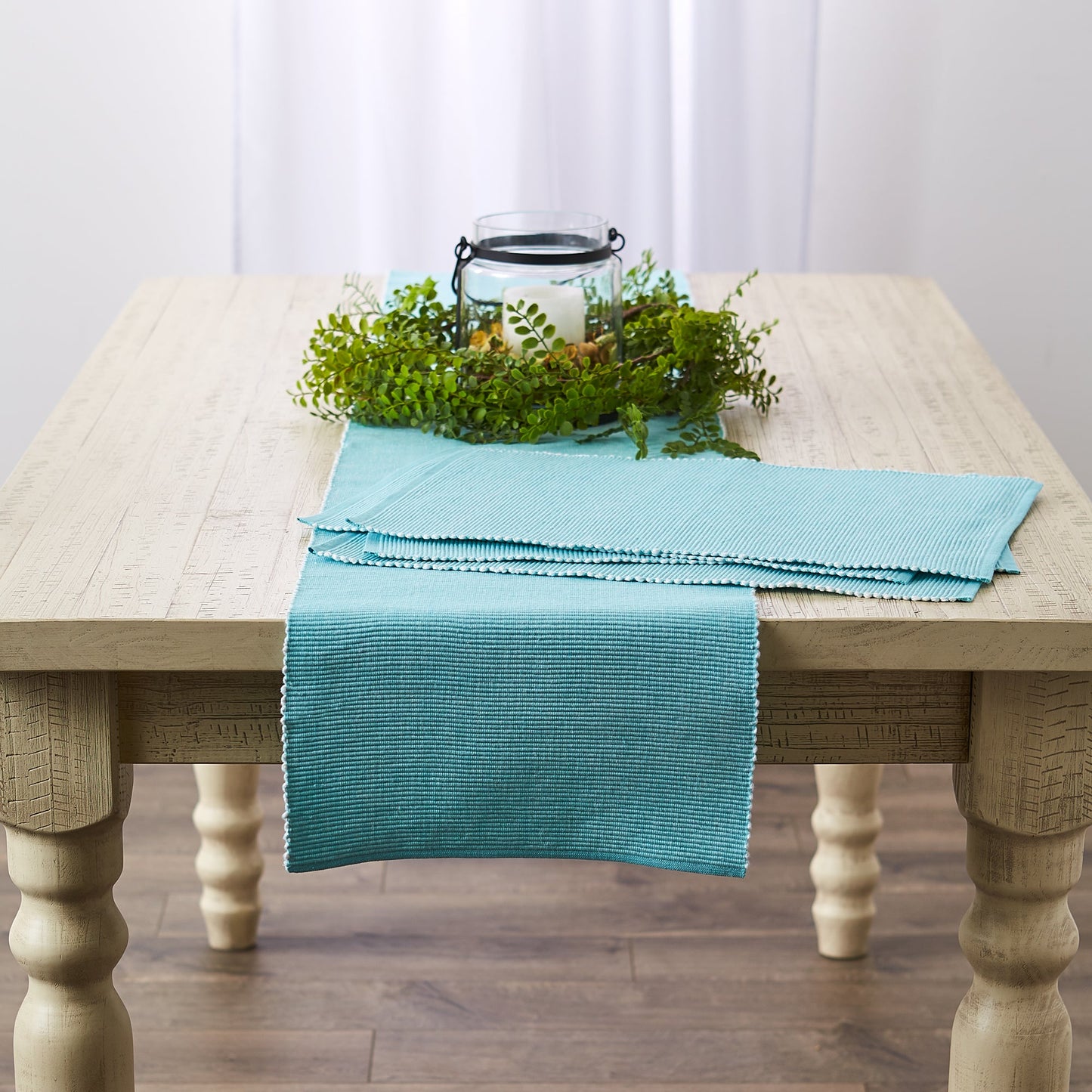 Aqua/White 2-Tone Ribbed Table Runner 13X108