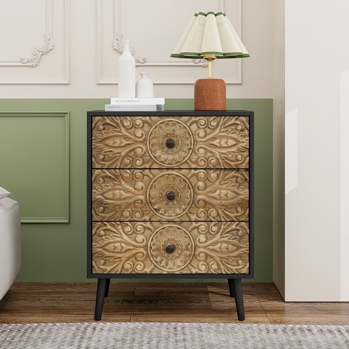 Cabinet with 3 Drawers and Hand-Carved Design