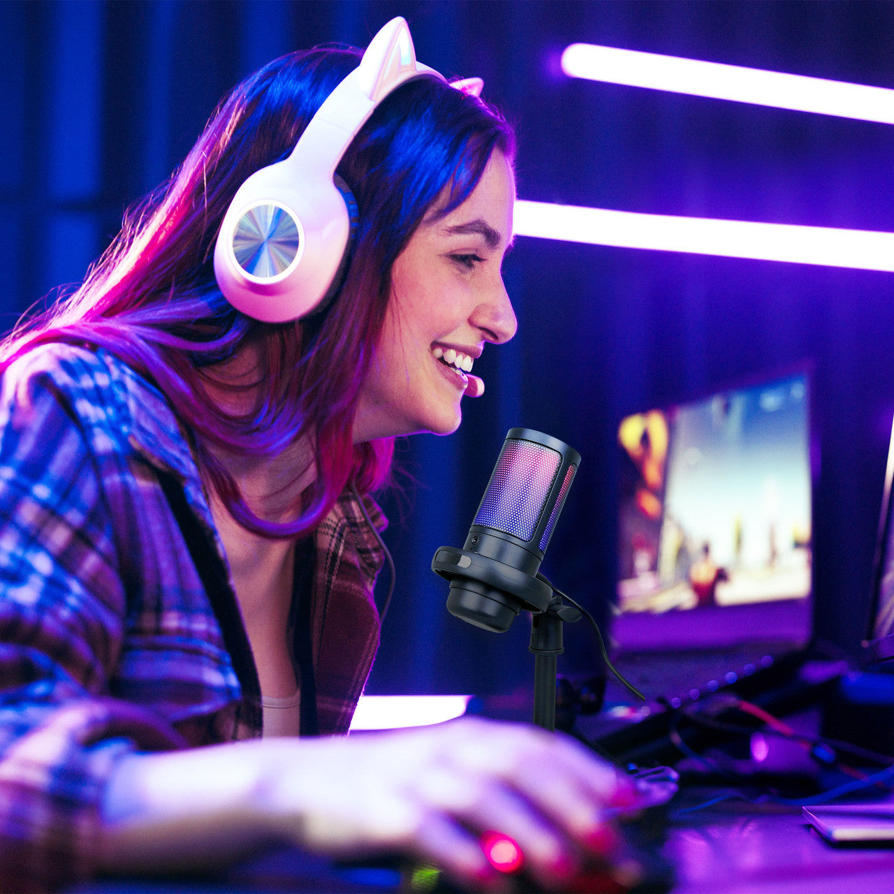 Laser RGB Gaming Microphone - Cardioid, Pop Filter, & Headphone Jack (Black)