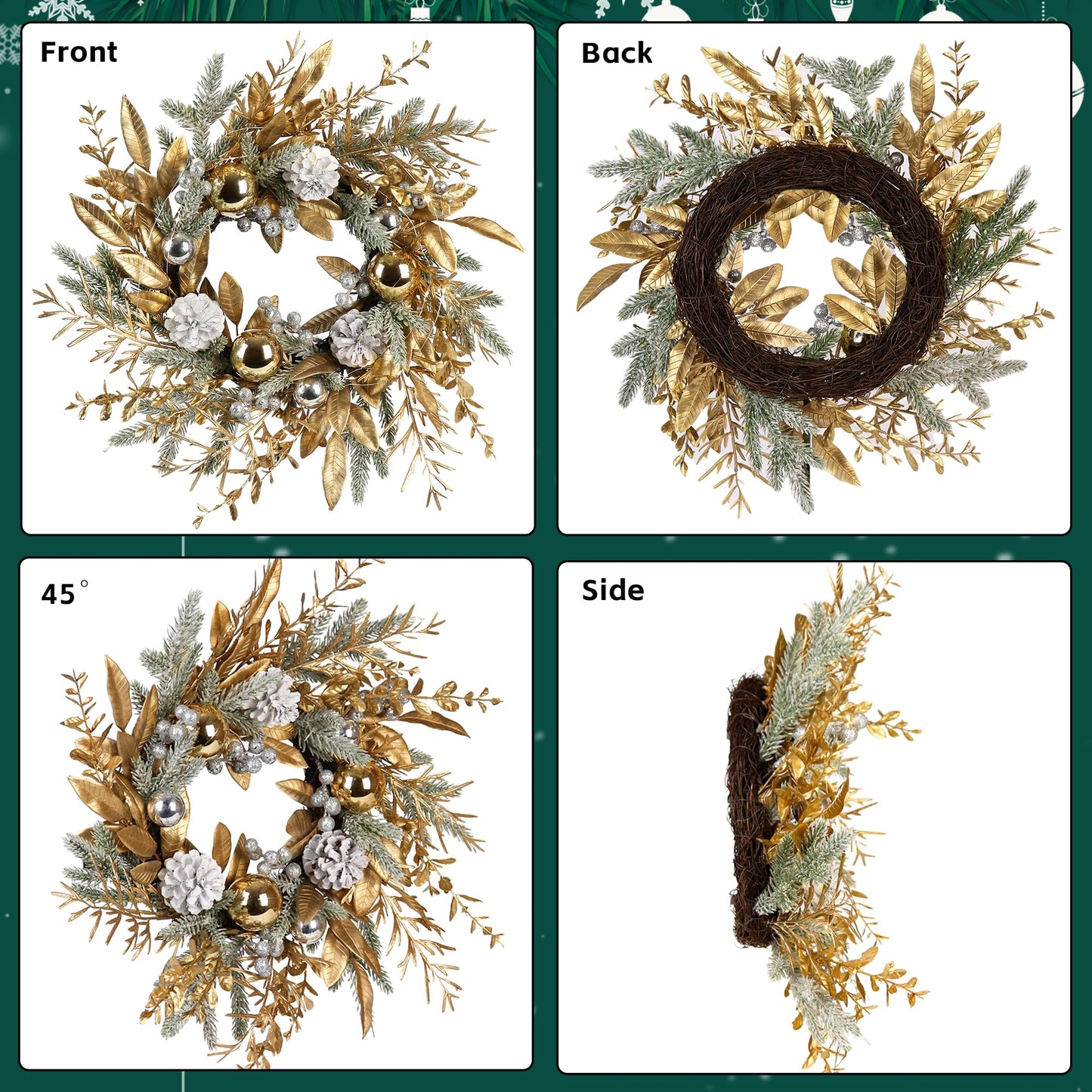 Slenix 20-inch Christmas Wreath, Christmas Door Decorations Wreath with Warm Lights