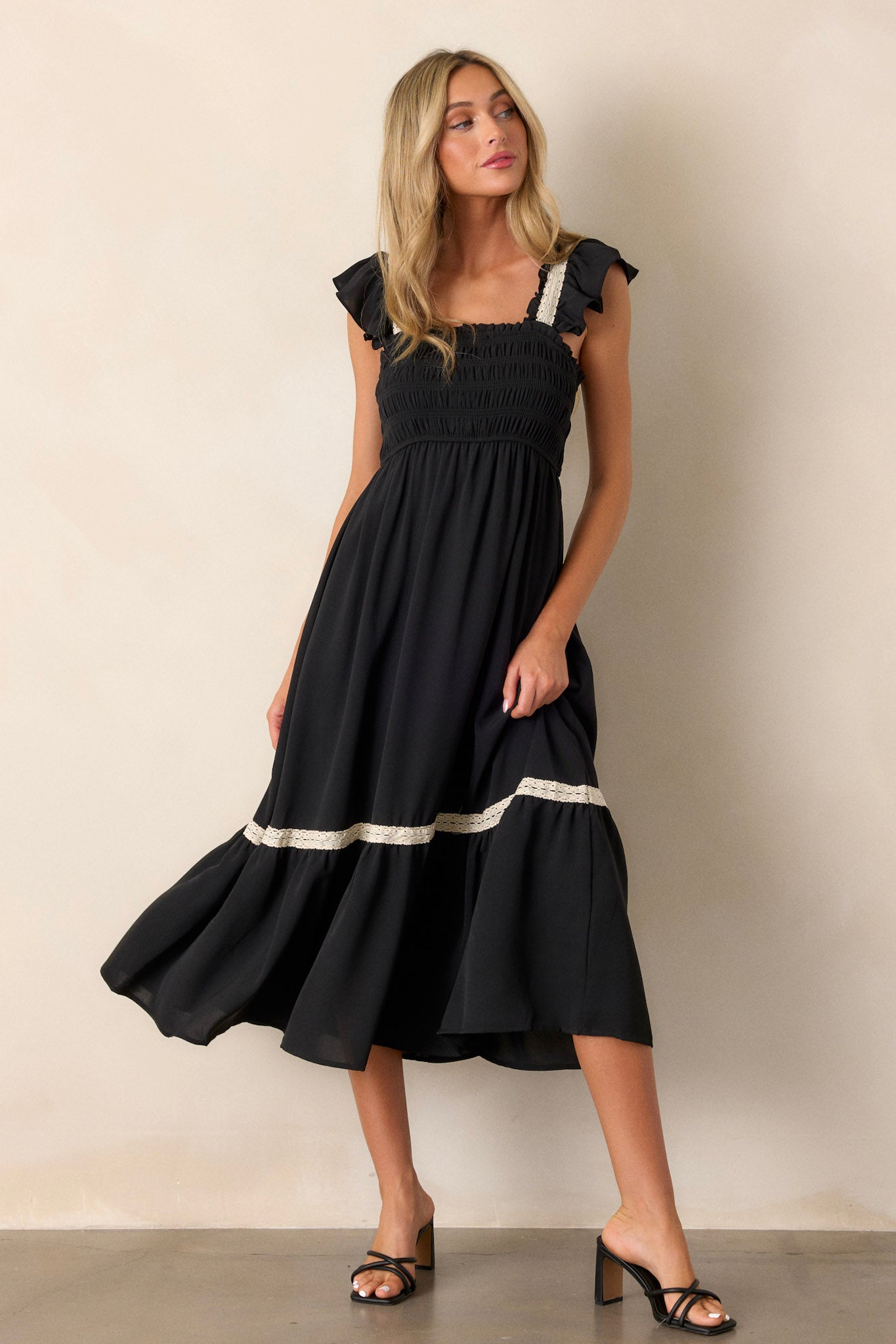 Over the Hills Black Smocked Midi Dress