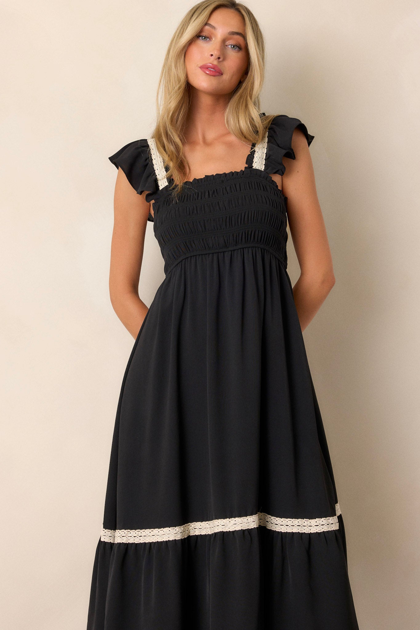 Over the Hills Black Smocked Midi Dress
