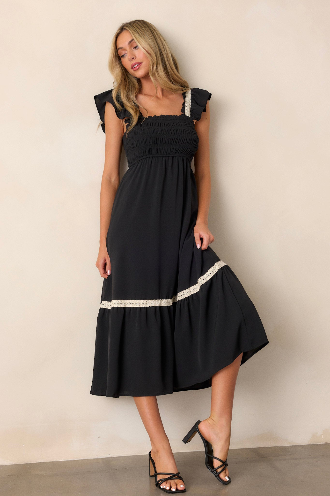 Over the Hills Black Smocked Midi Dress