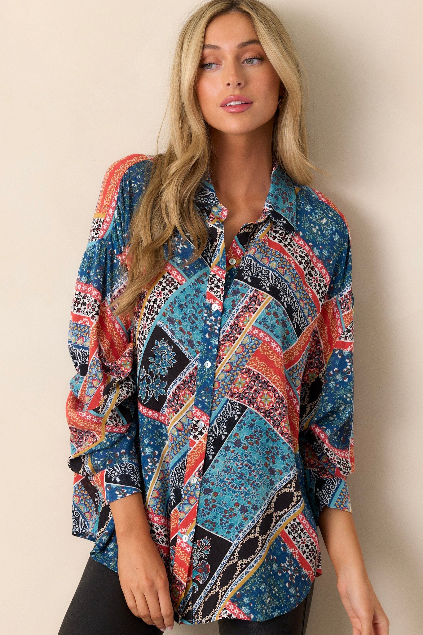 Brave New World Blue Patchwork Print Top