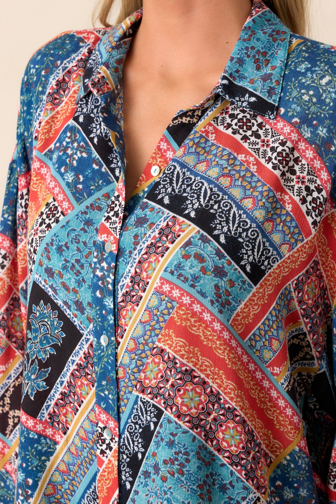 Brave New World Blue Patchwork Print Top