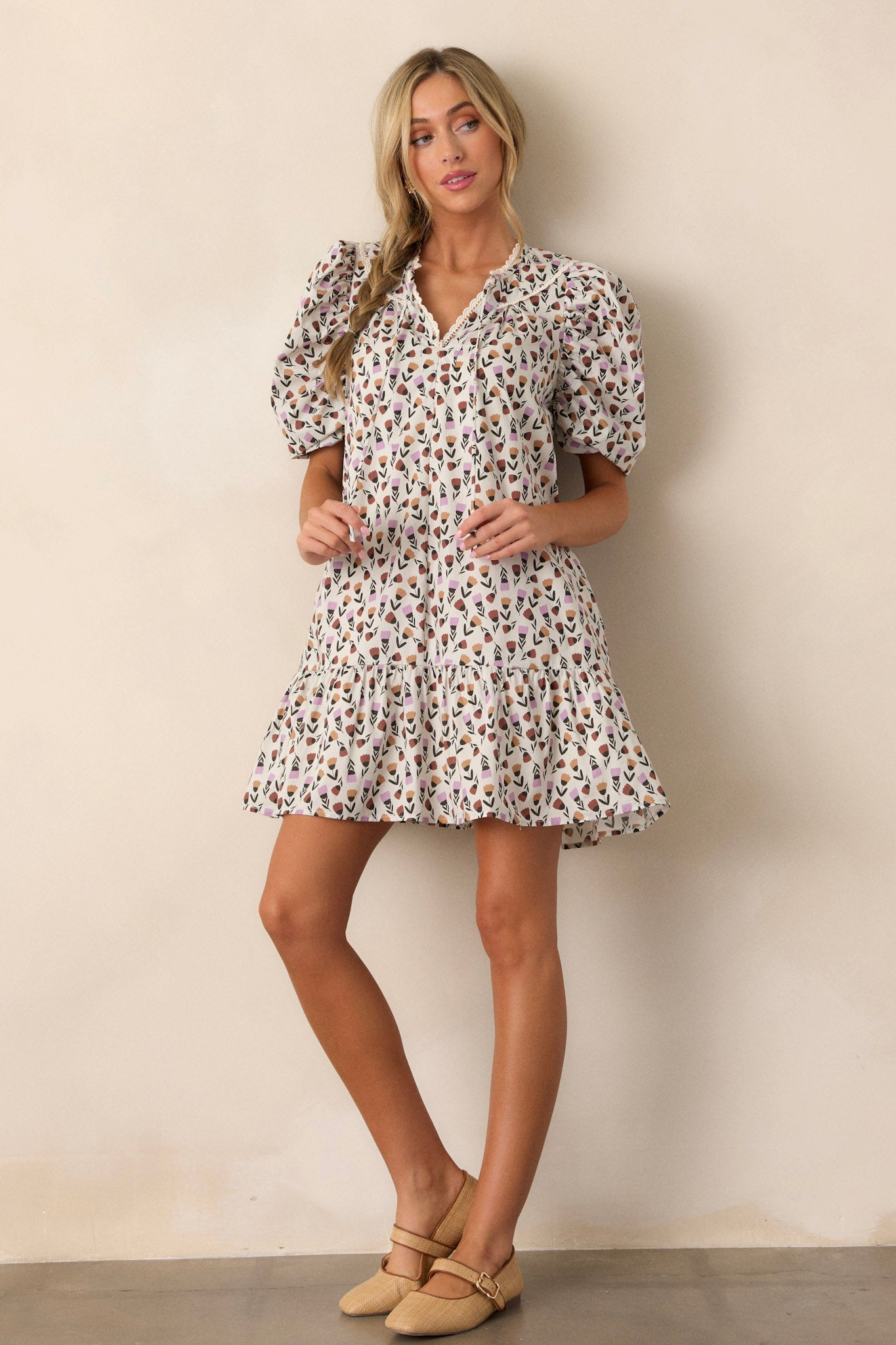 Wandering Soul 100% Cotton Ivory Floral Mini Dress