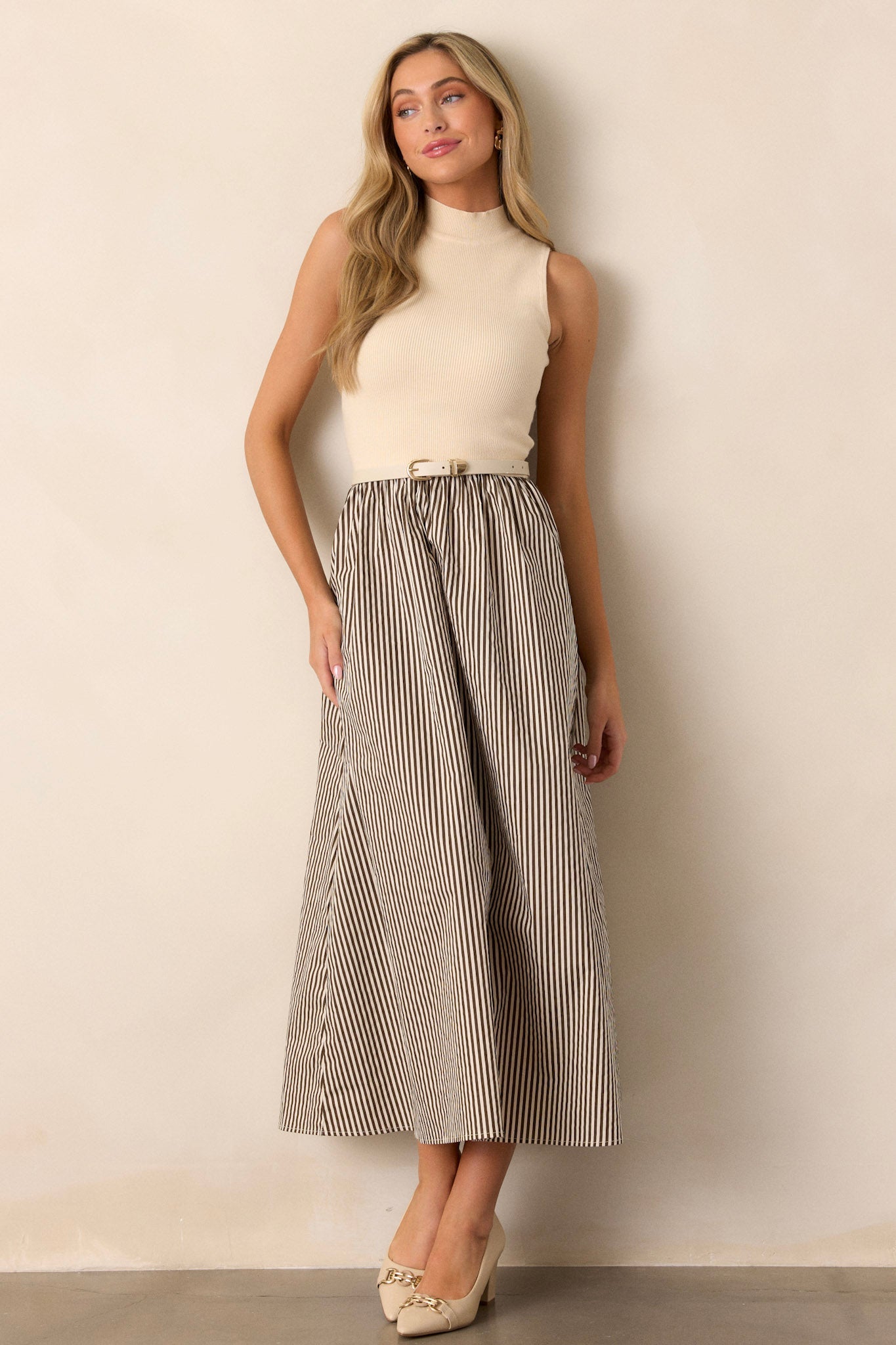 Toffee Dreams Beige Stripe Mock Neck Midi Dress