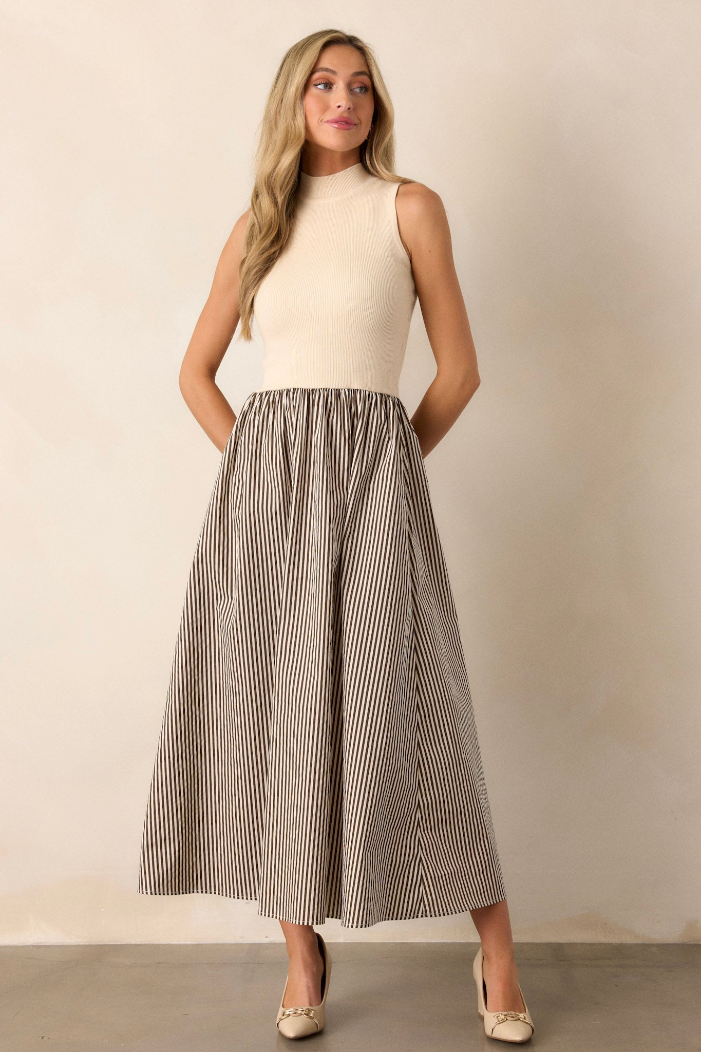 Toffee Dreams Beige Stripe Mock Neck Midi Dress
