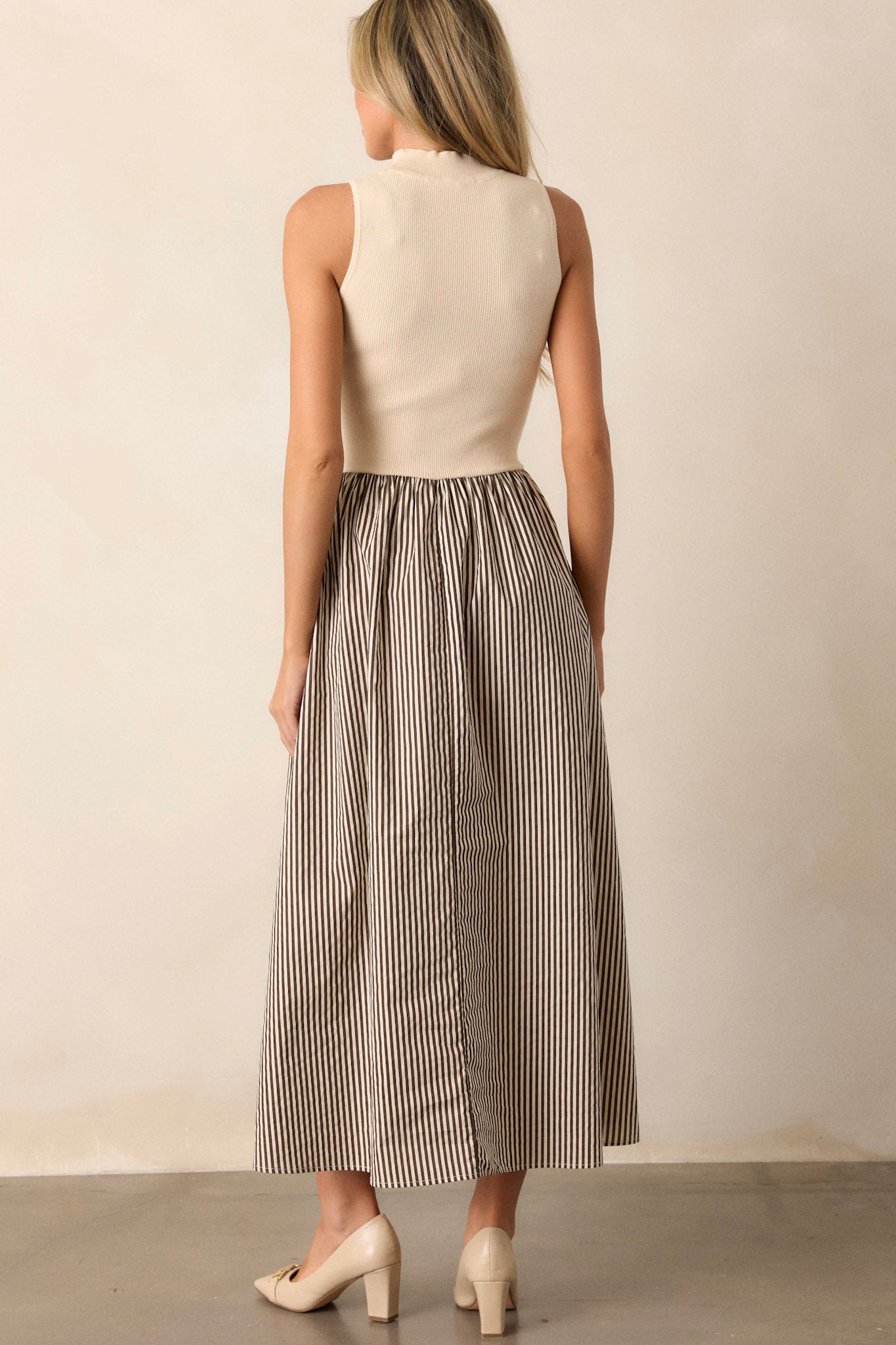 Toffee Dreams Beige Stripe Mock Neck Midi Dress