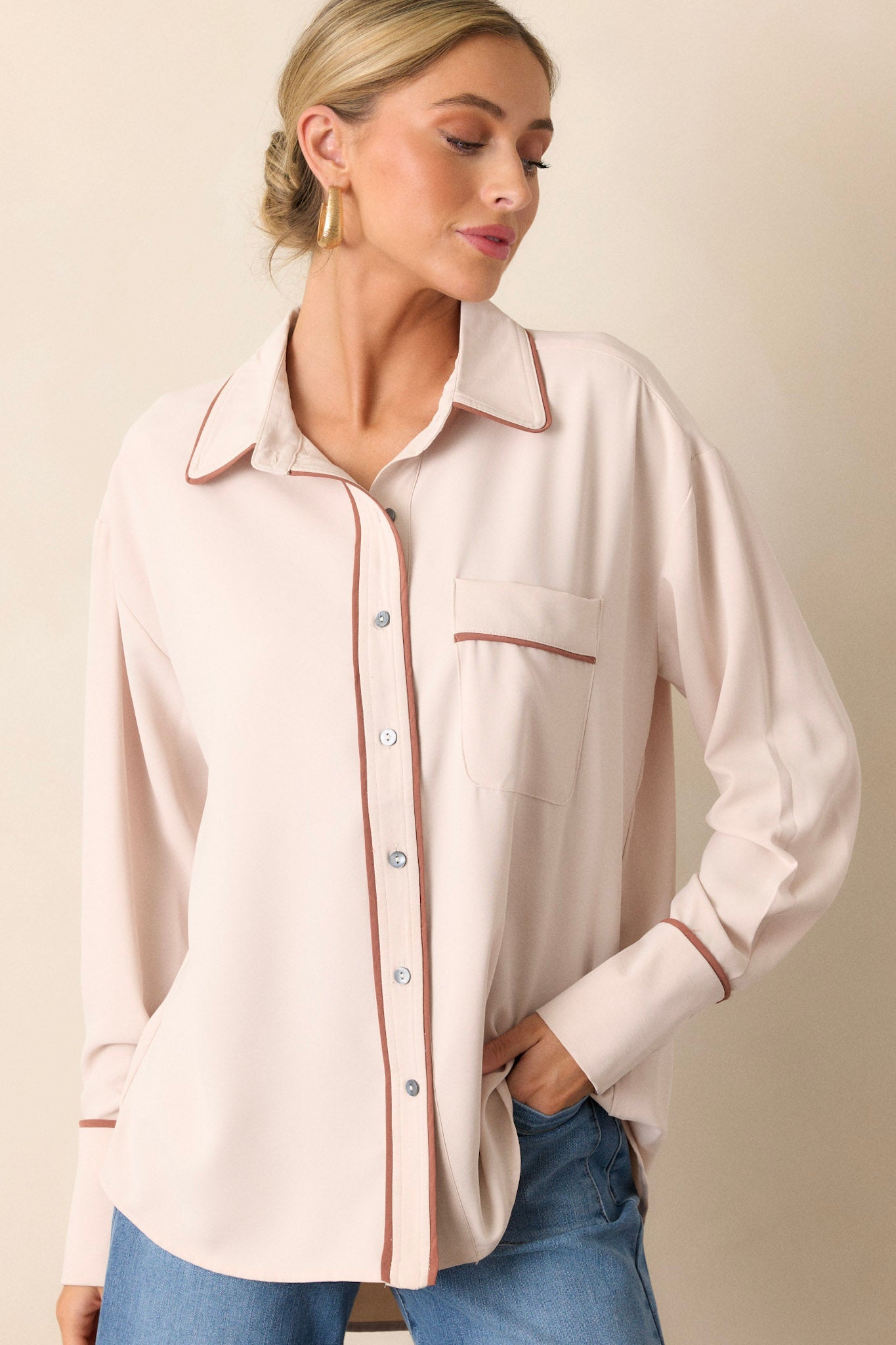 Opulent Occasion Ecru Beige Button Front Top