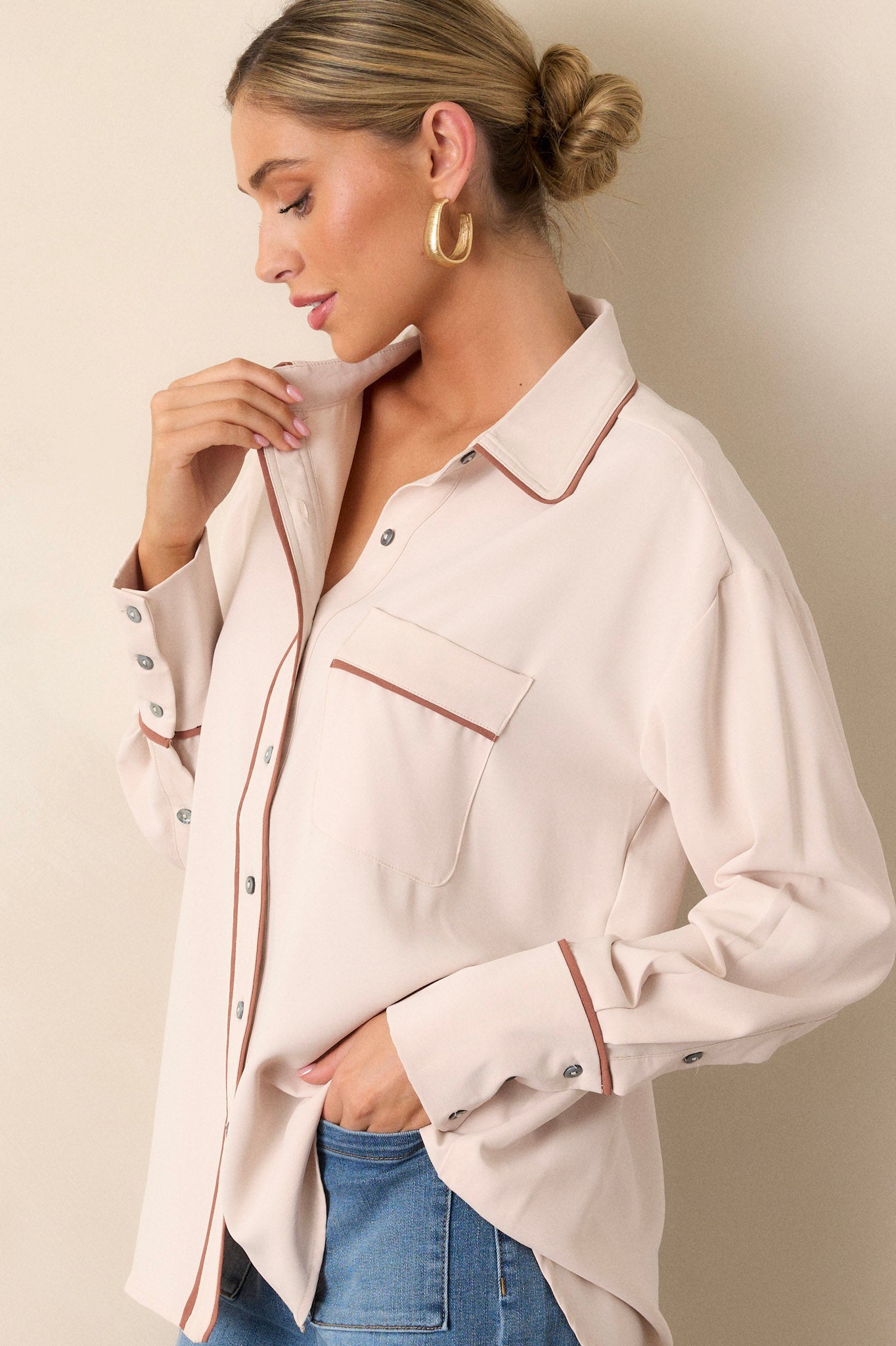 Opulent Occasion Ecru Beige Button Front Top