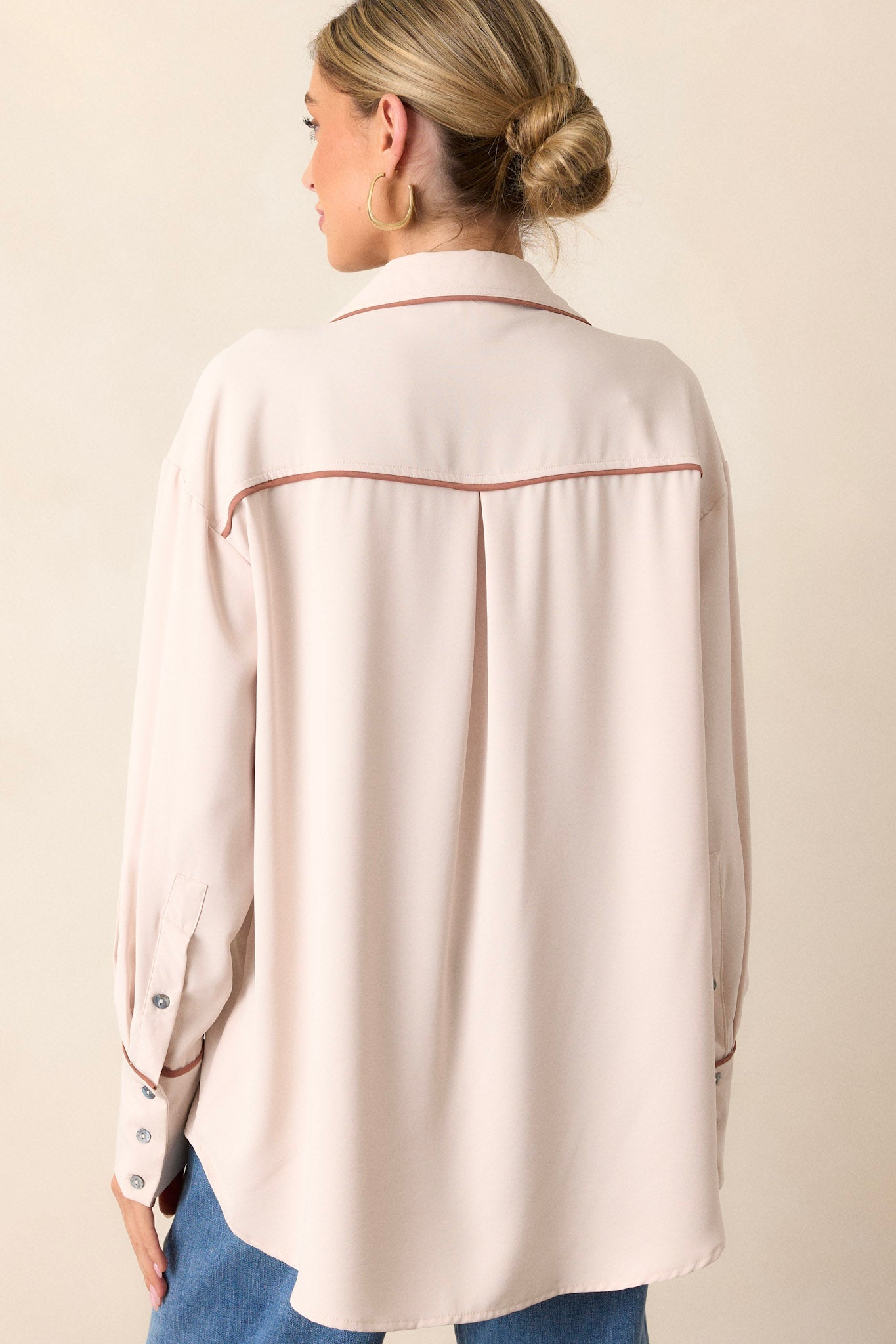 Opulent Occasion Ecru Beige Button Front Top