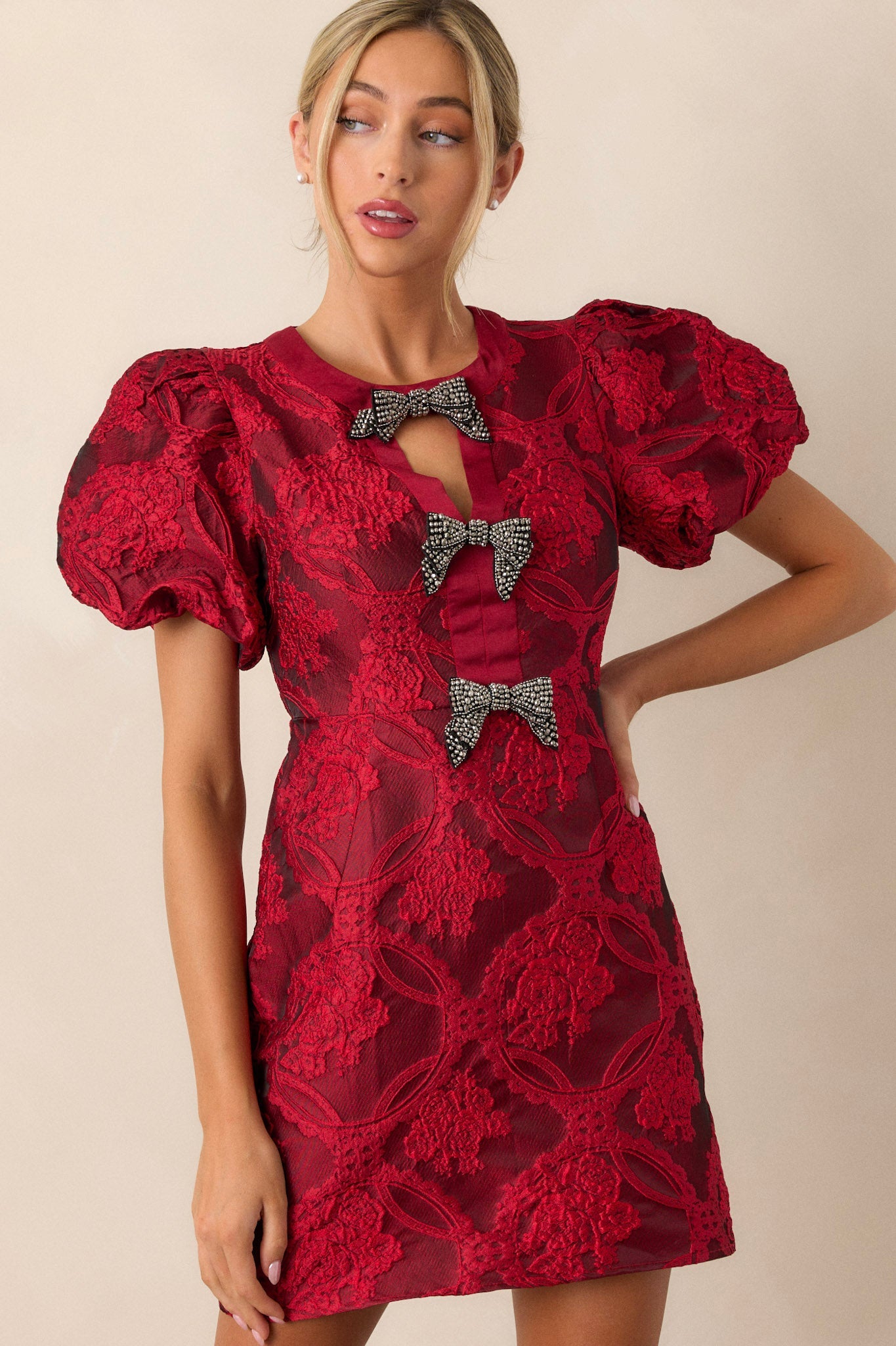 Letters From Manhattan Ruby Red Jacquard Mini Dress