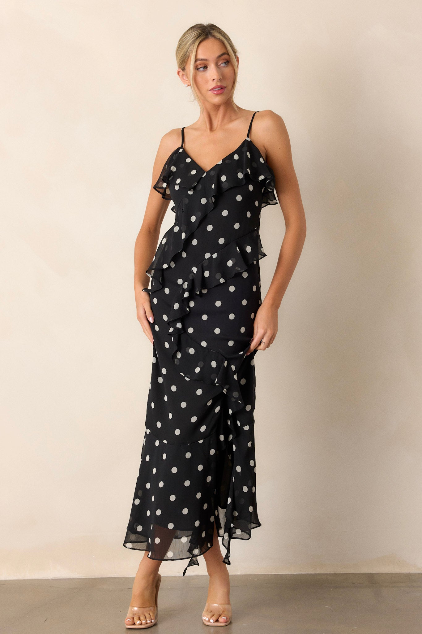 Mystic Moon Black Polka Dot Ruffle Maxi Dress
