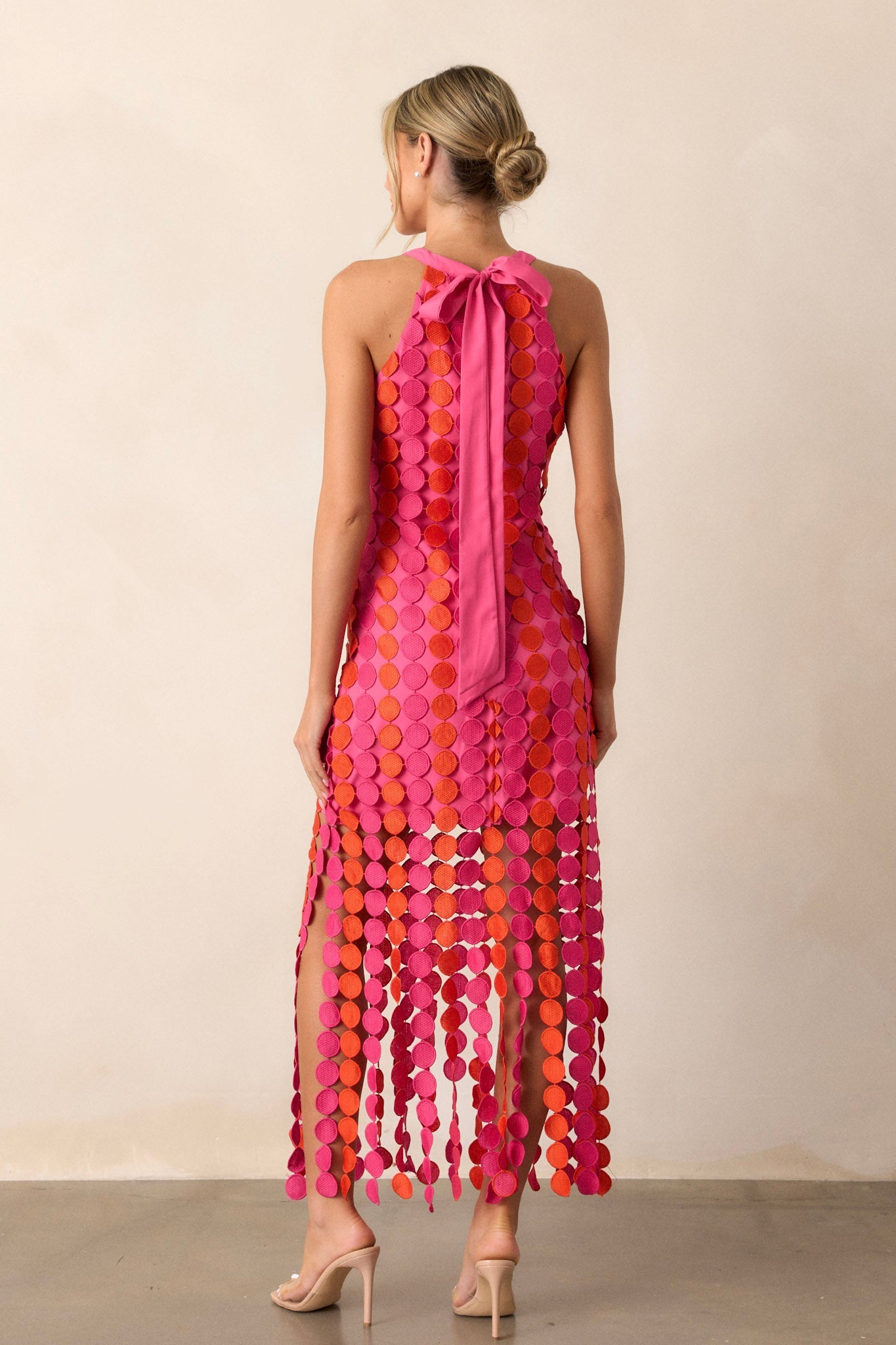 Dream Avenue Hot Pink Fringe Halter Top Midi Dress