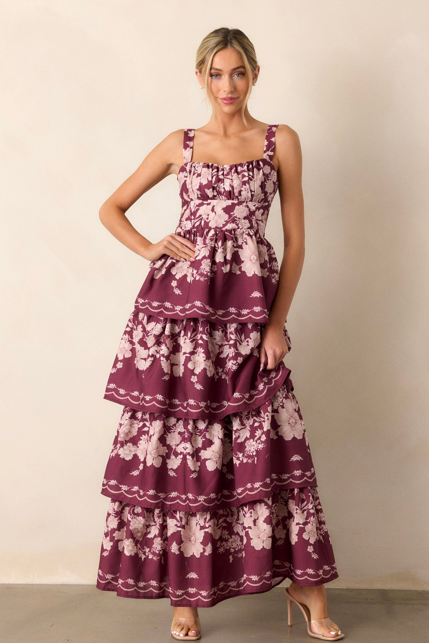 Sweet Reminiscence Wine Floral Tiered Maxi Dress