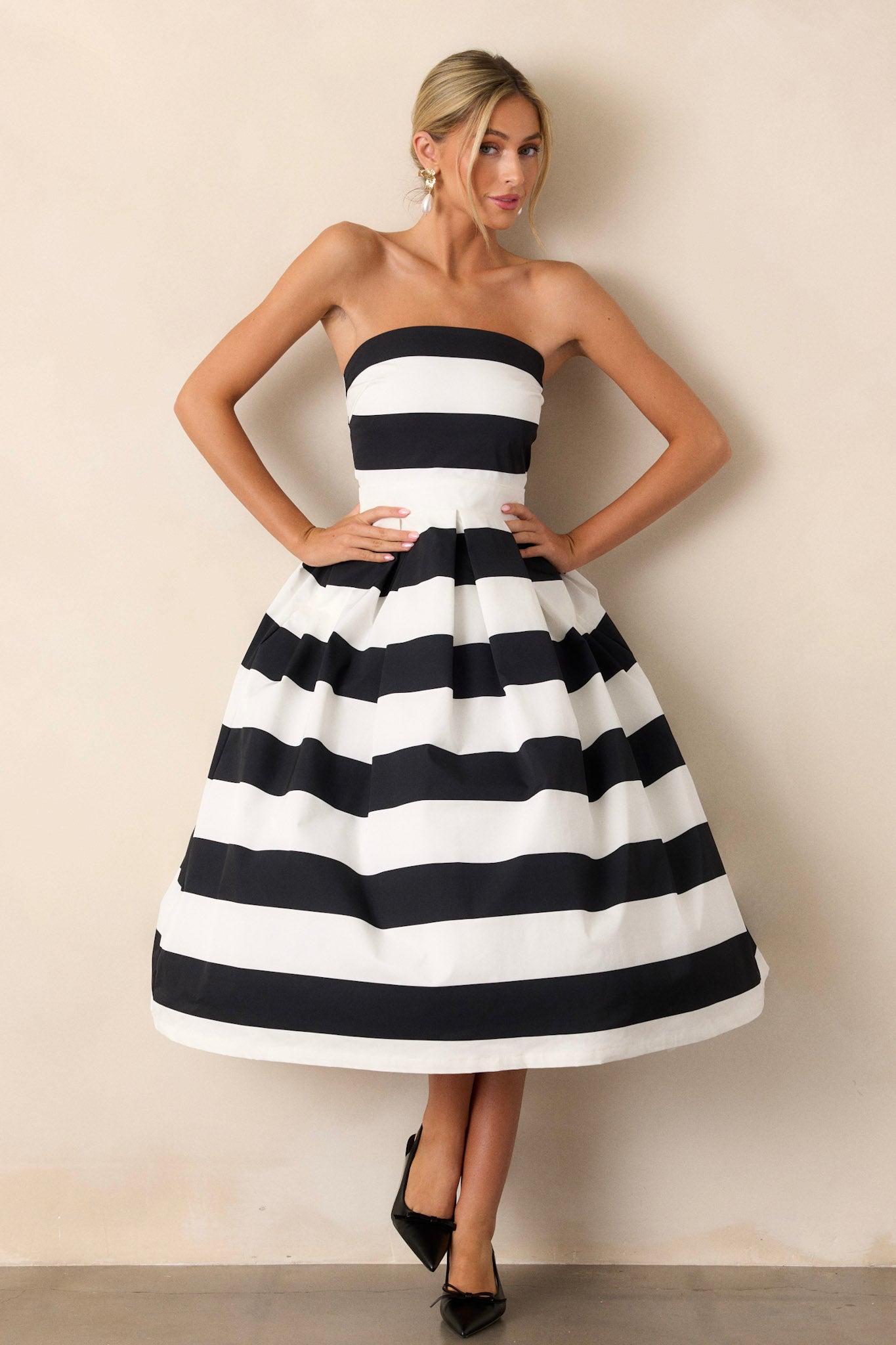 Crisp Contrast Black & White Stripe Strapless Midi Dress (RESTOCK FEBRUARY 2025)