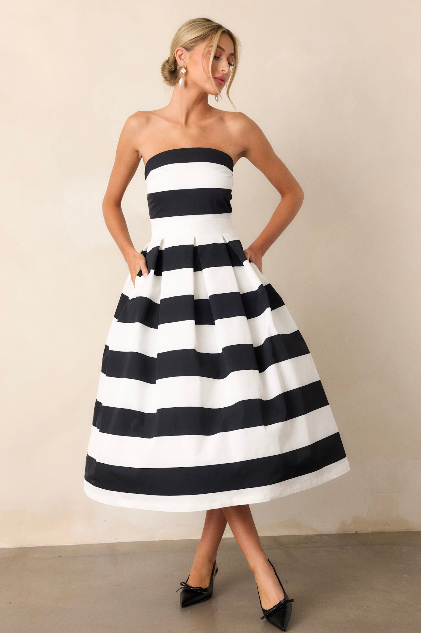 Crisp Contrast Black & White Stripe Strapless Midi Dress (RESTOCK FEBRUARY 2025)