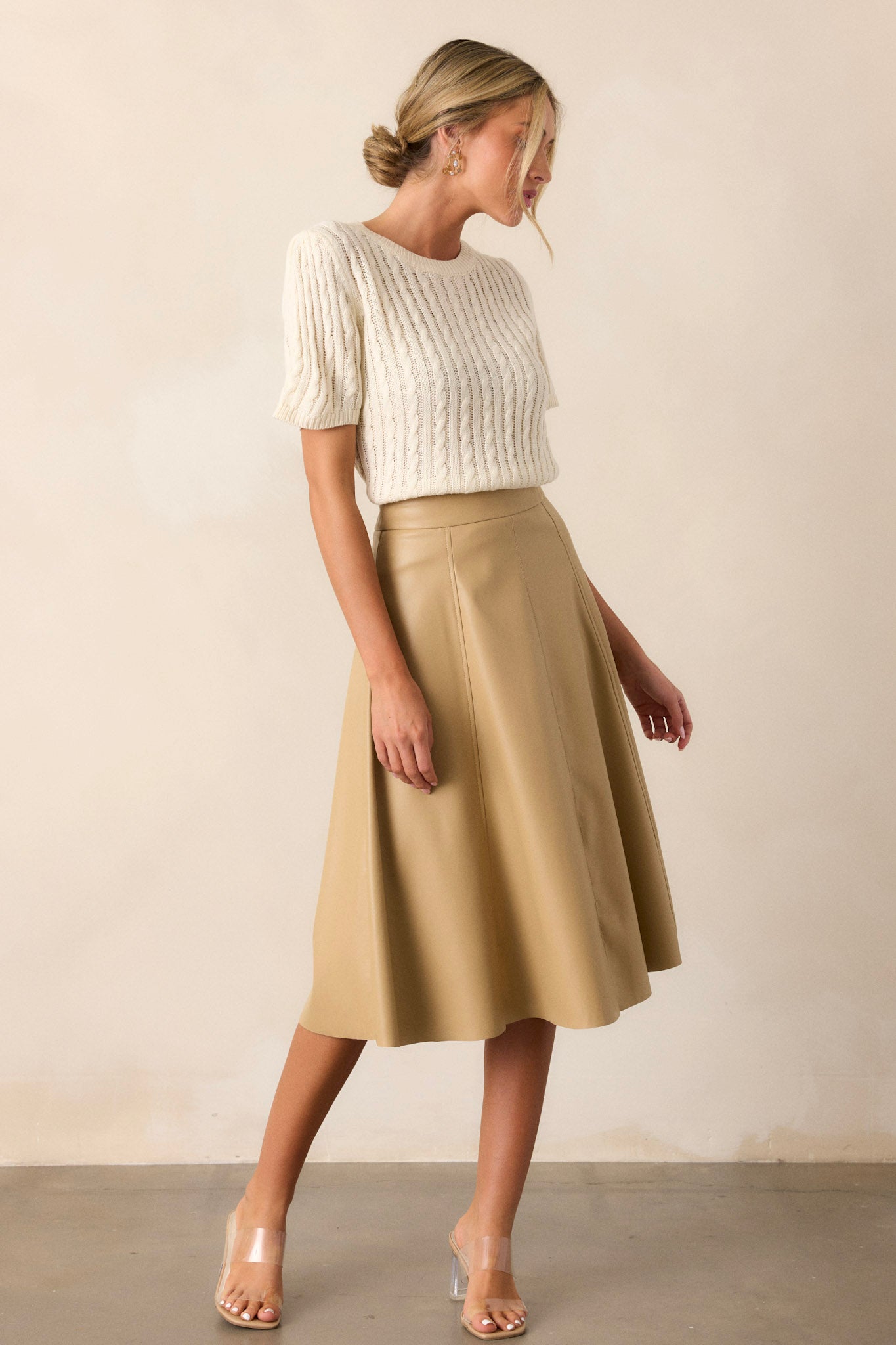 In My Memories Beige Faux Leather Midi Skirt
