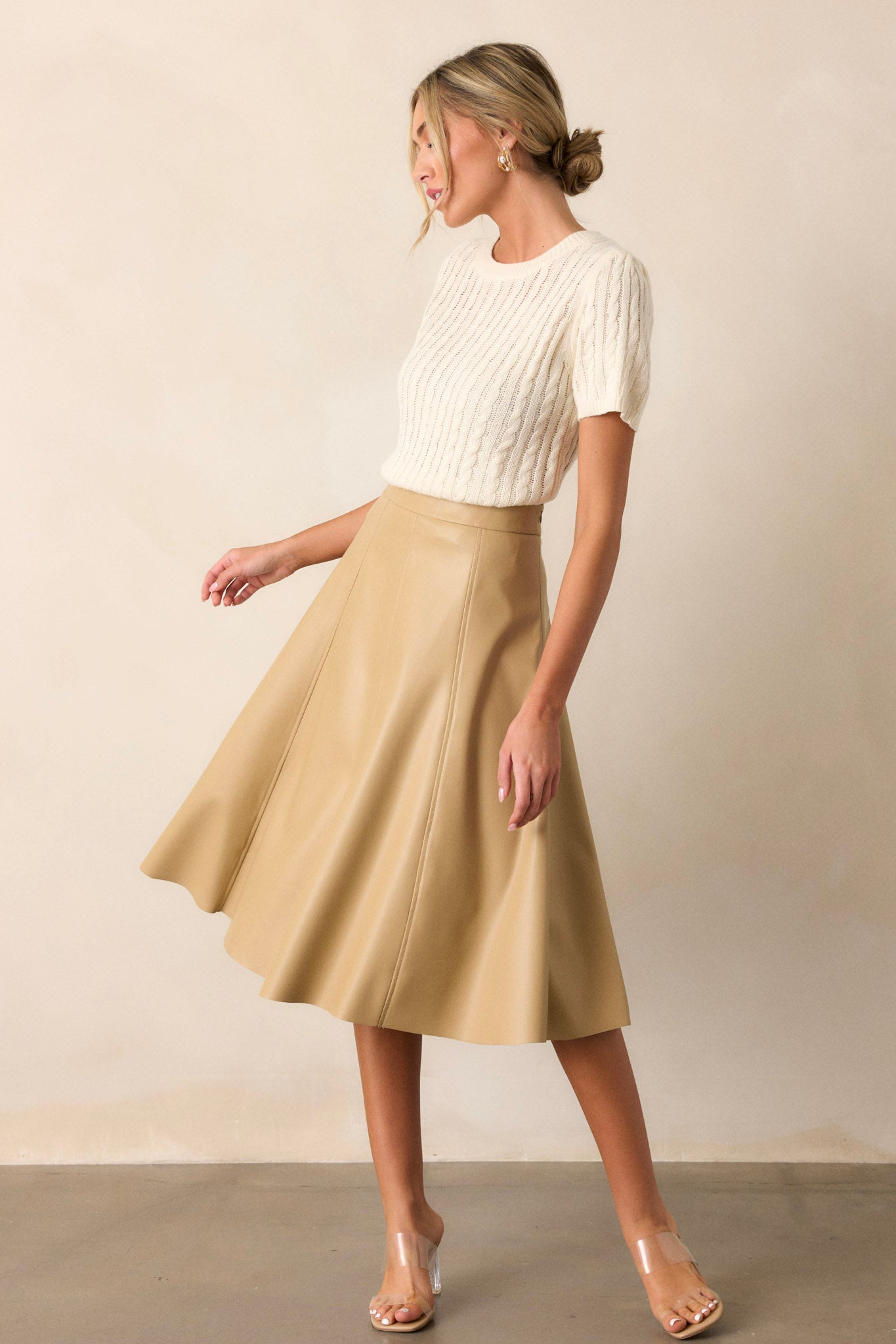 In My Memories Beige Faux Leather Midi Skirt