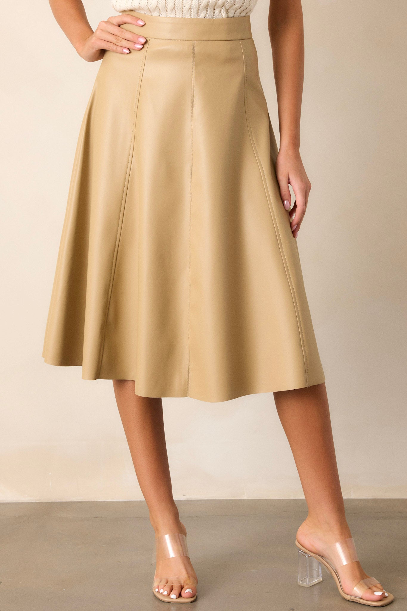 In My Memories Beige Faux Leather Midi Skirt