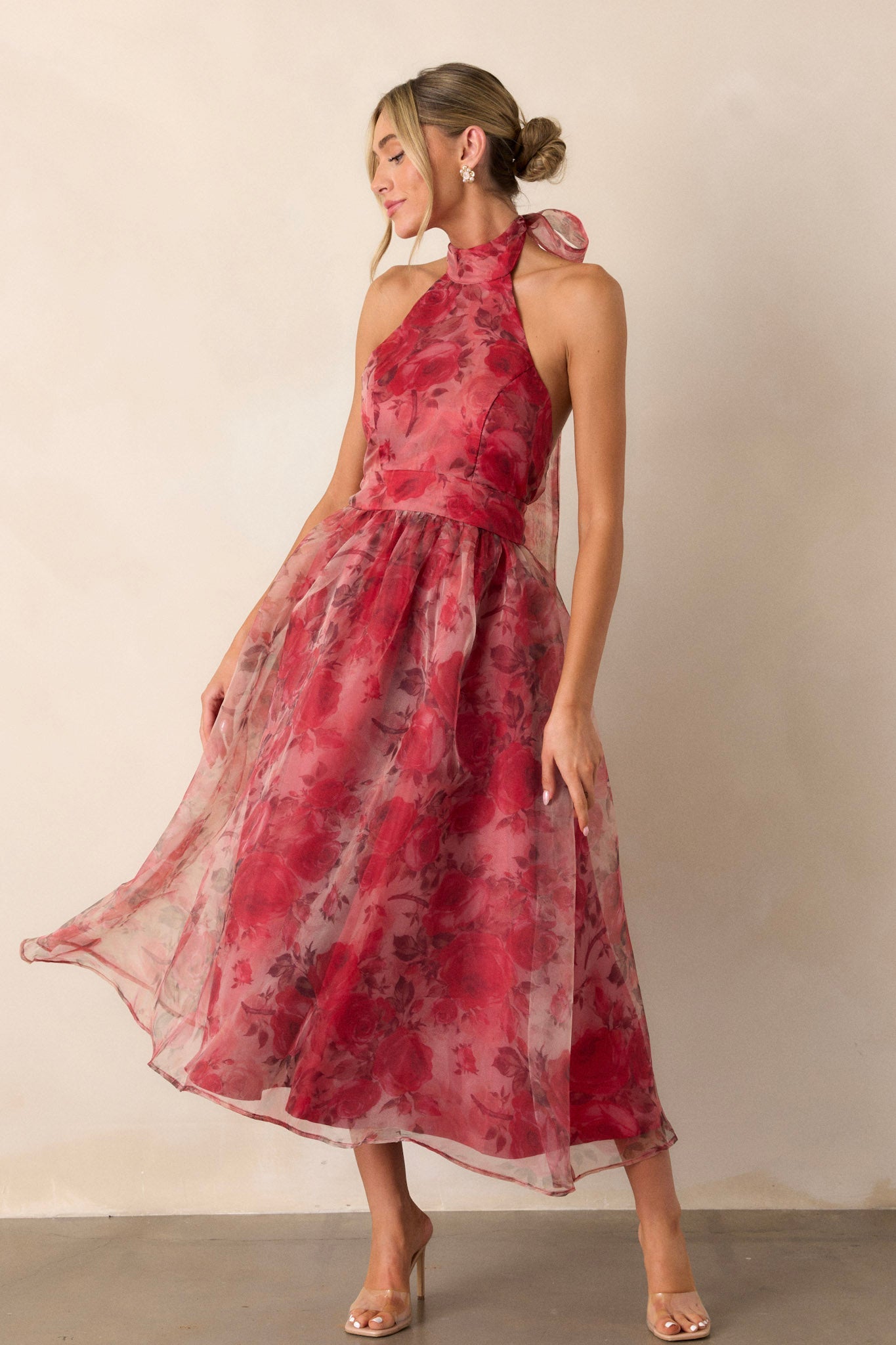 Morning Song Brick Red Floral Halter Midi Dress