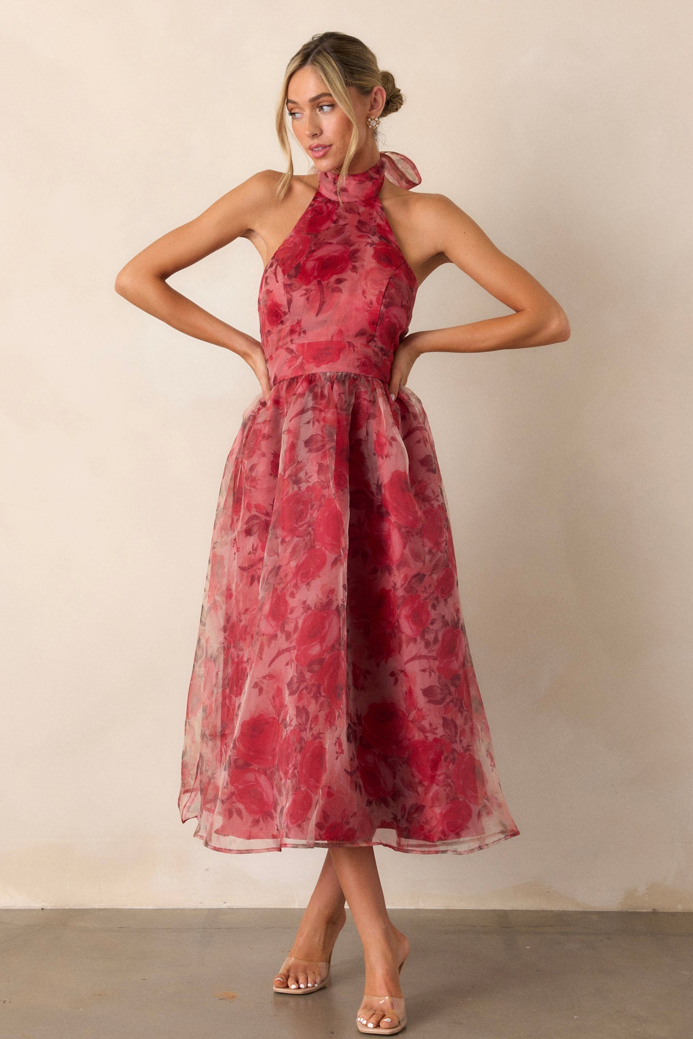 Morning Song Brick Red Floral Halter Midi Dress