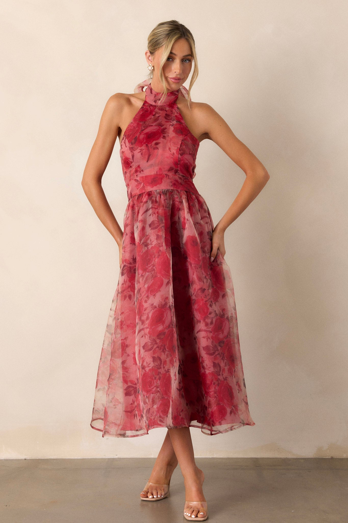 Morning Song Brick Red Floral Halter Midi Dress