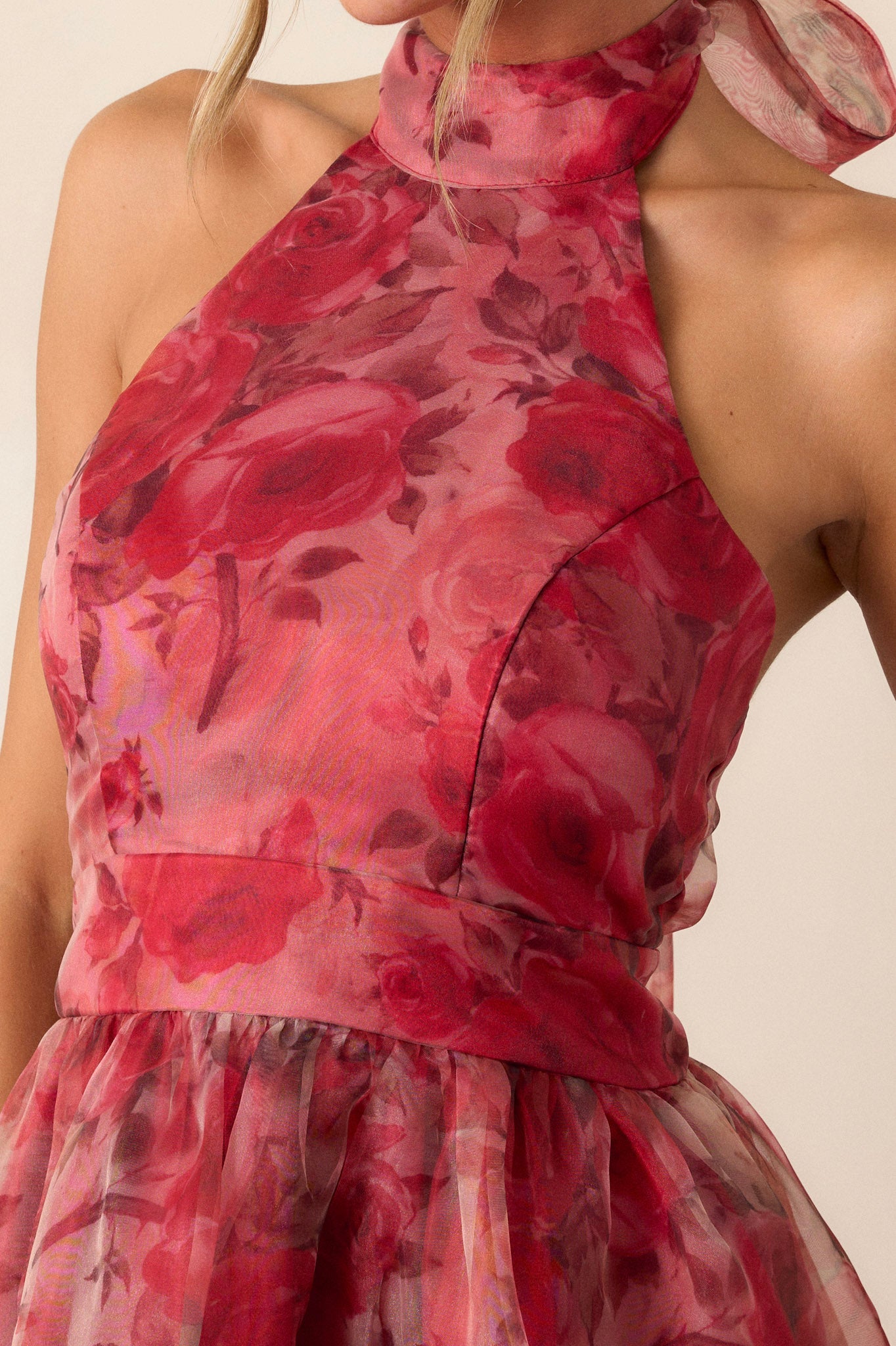Morning Song Brick Red Floral Halter Midi Dress