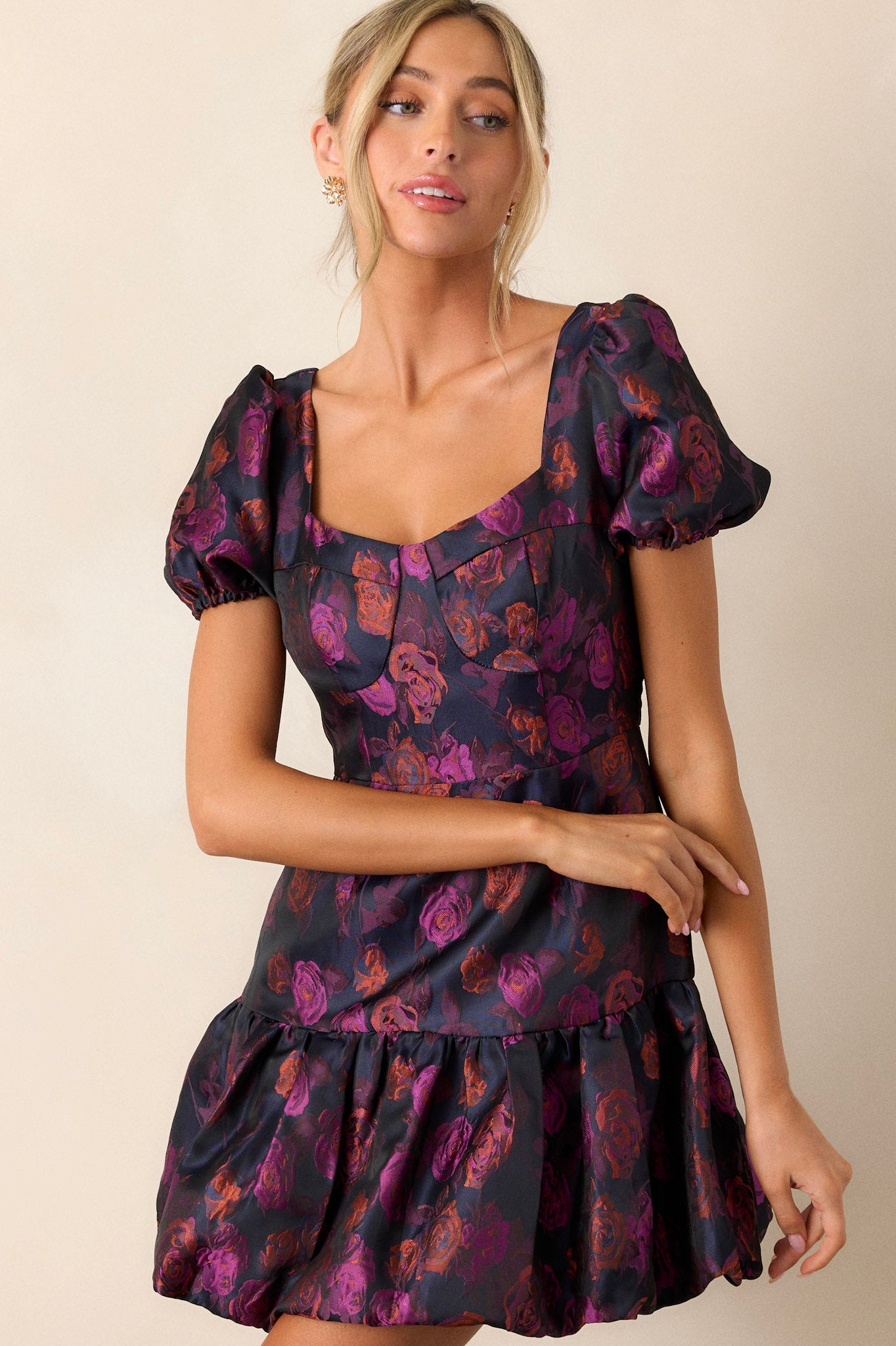 My Lover Plum Floral Puff Sleeve Mini Dress