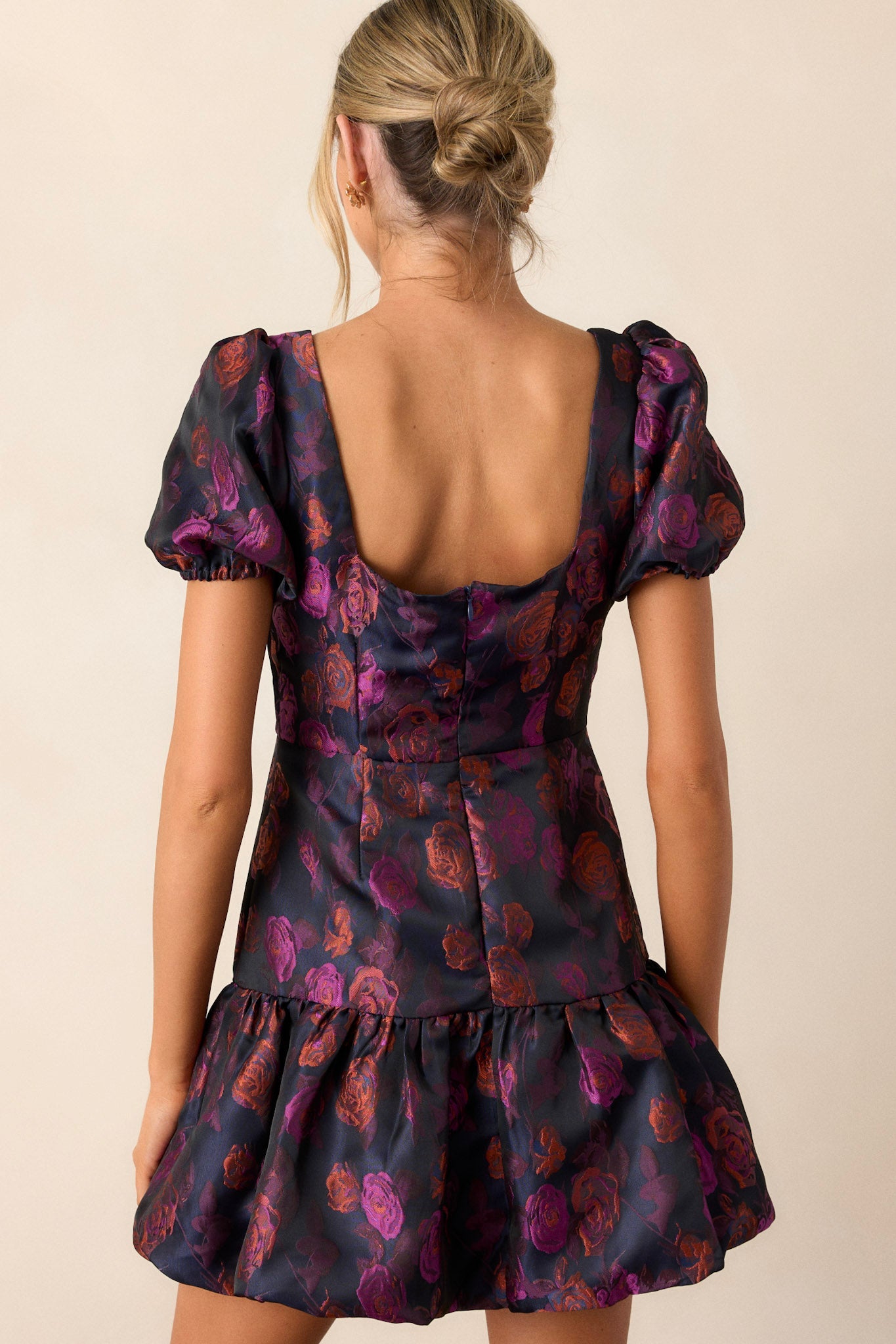 My Lover Plum Floral Puff Sleeve Mini Dress