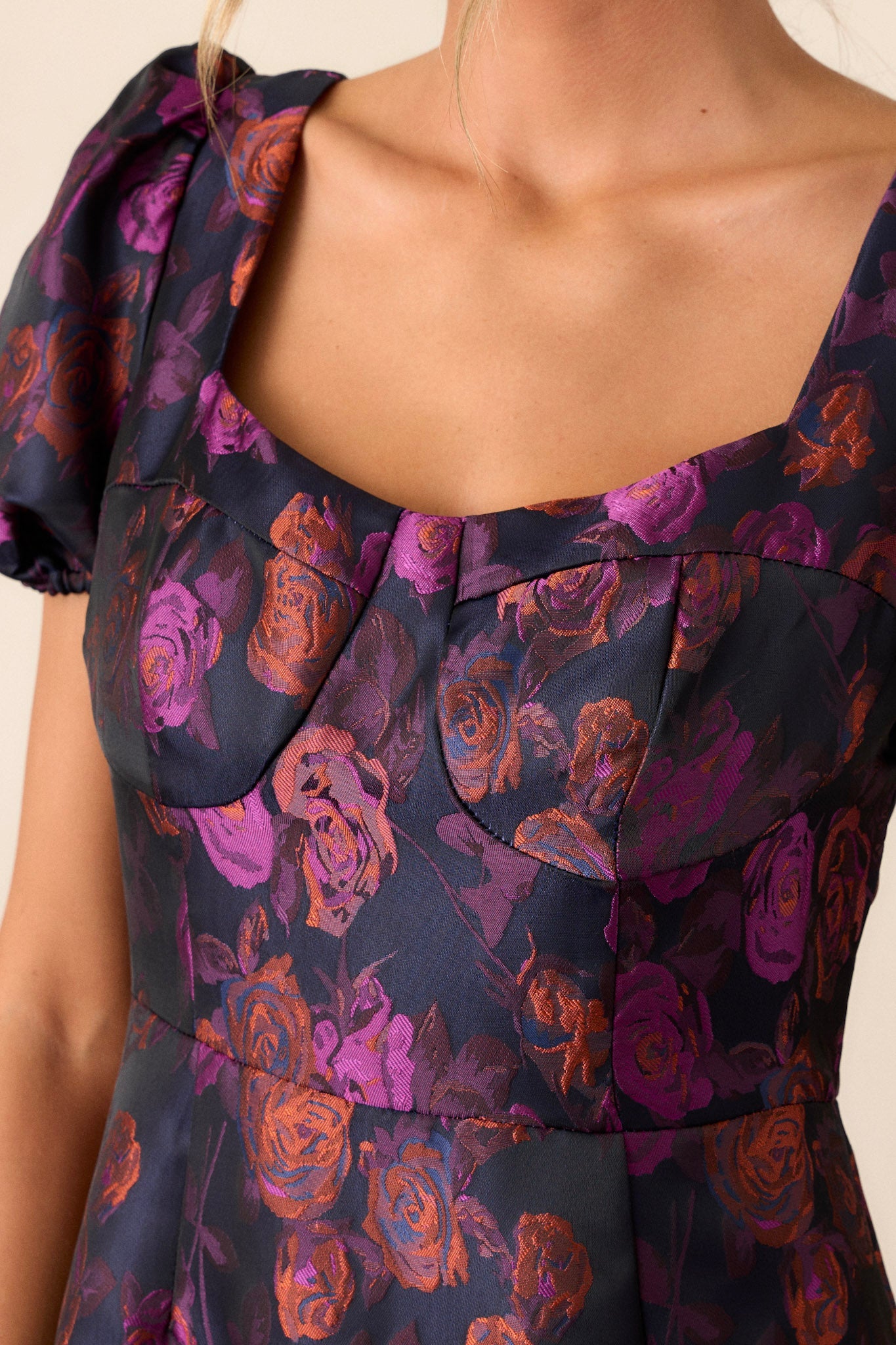 My Lover Plum Floral Puff Sleeve Mini Dress