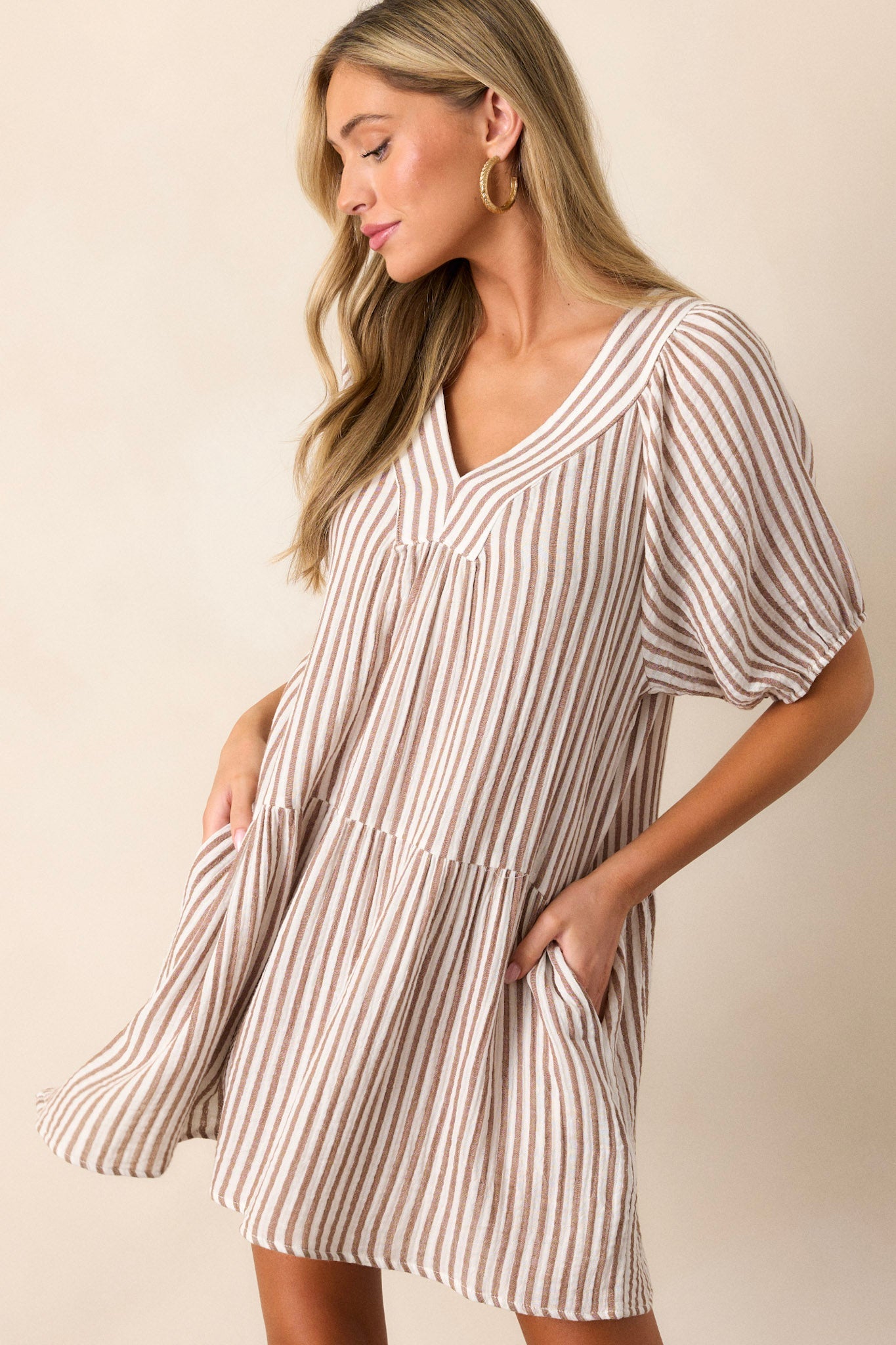 Quick To Smile 100% Cotton Brown Stripe Mini Dress