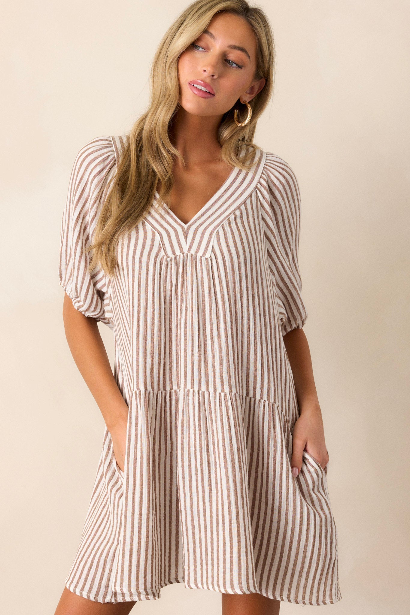Quick To Smile 100% Cotton Brown Stripe Mini Dress