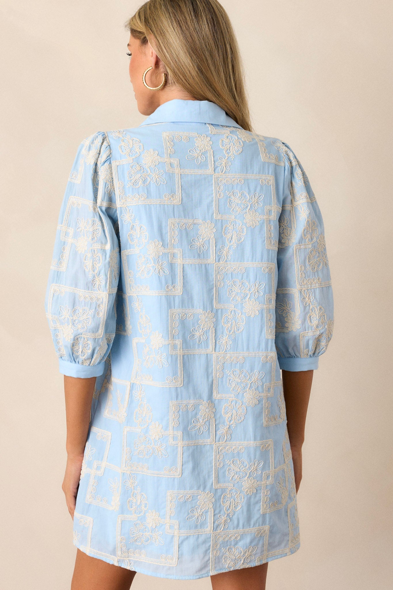 So Close 100% Cotton Light Blue Embroidered Mini Dress