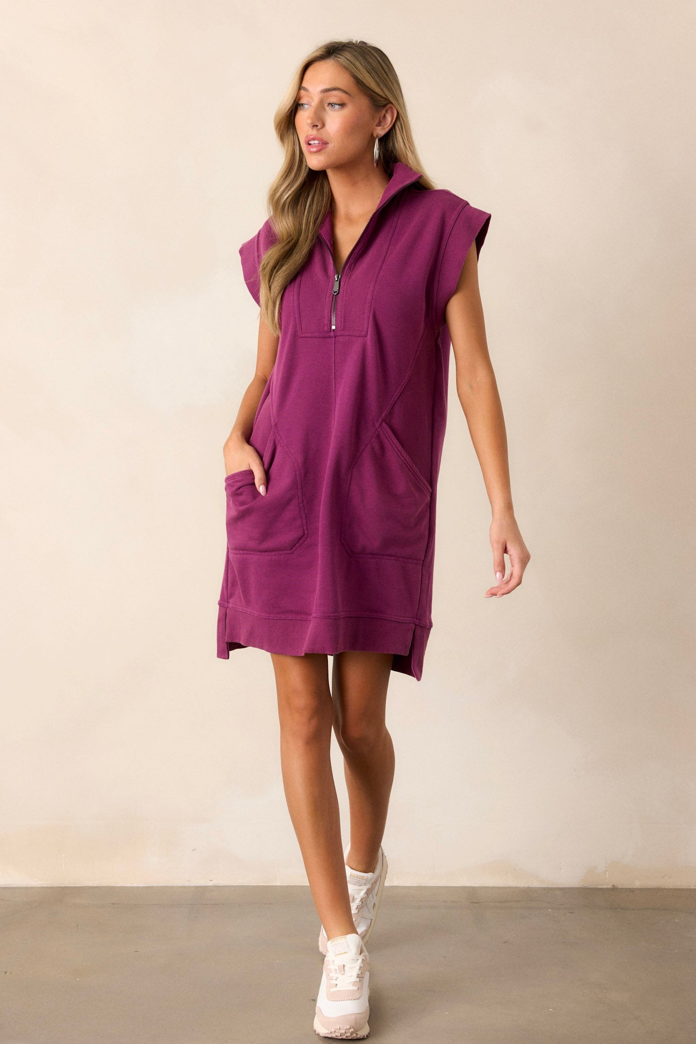 Shadowed Splendor 100% Cotton Pink Magenta Zip Front Mini Dress