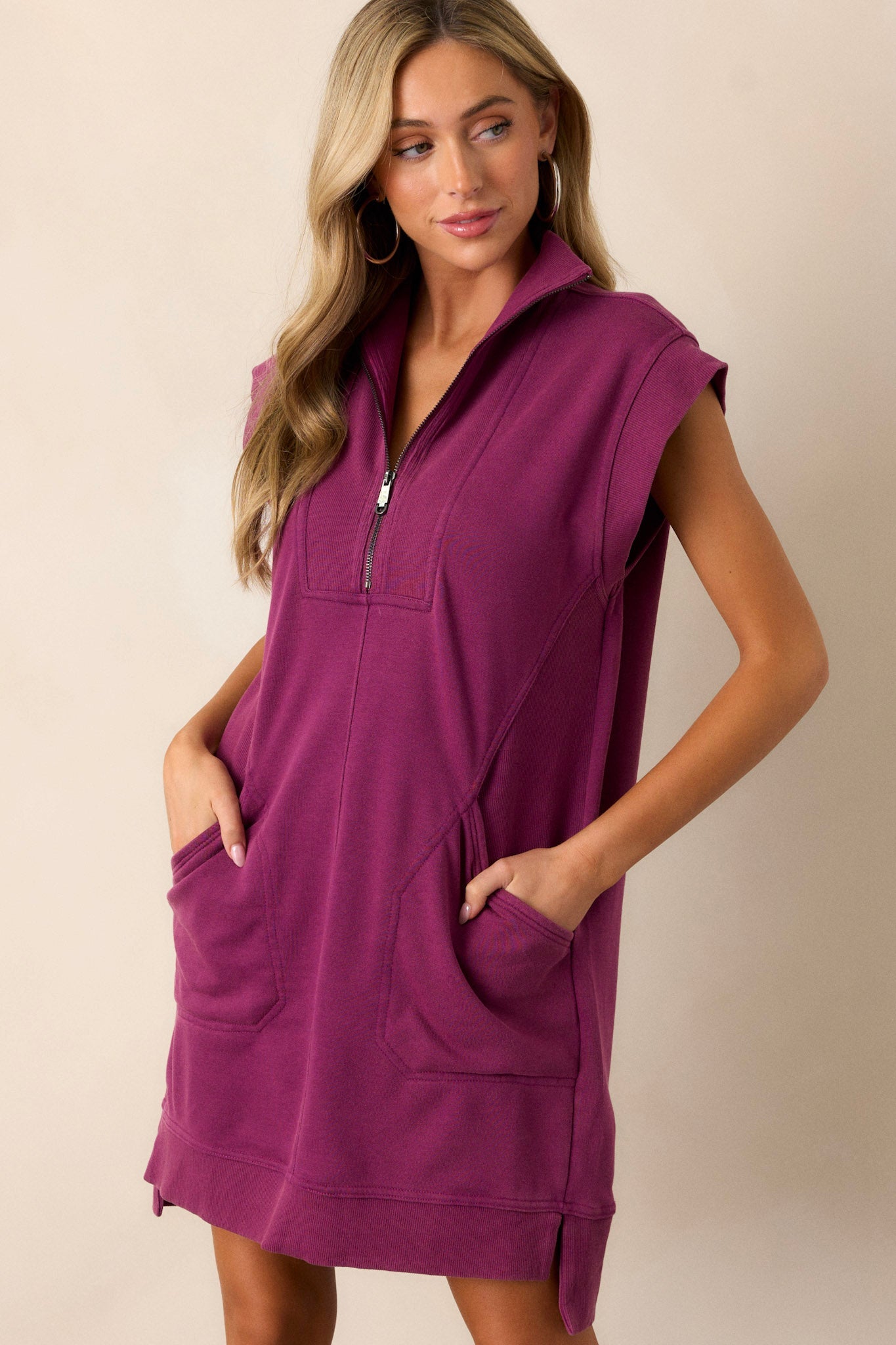 Shadowed Splendor 100% Cotton Pink Magenta Zip Front Mini Dress