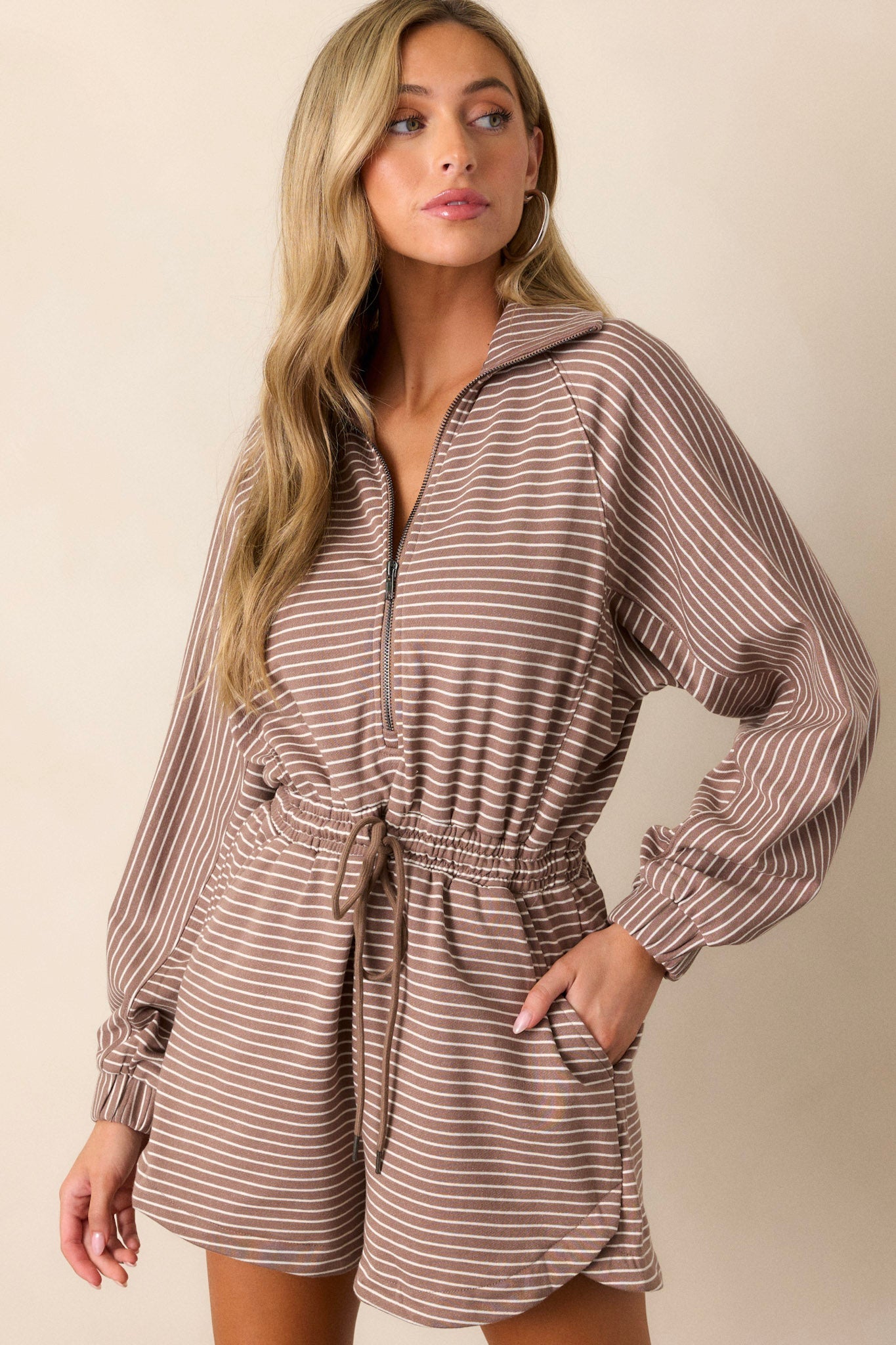 Make The Call Mocha Stripe Long Sleeve Romper