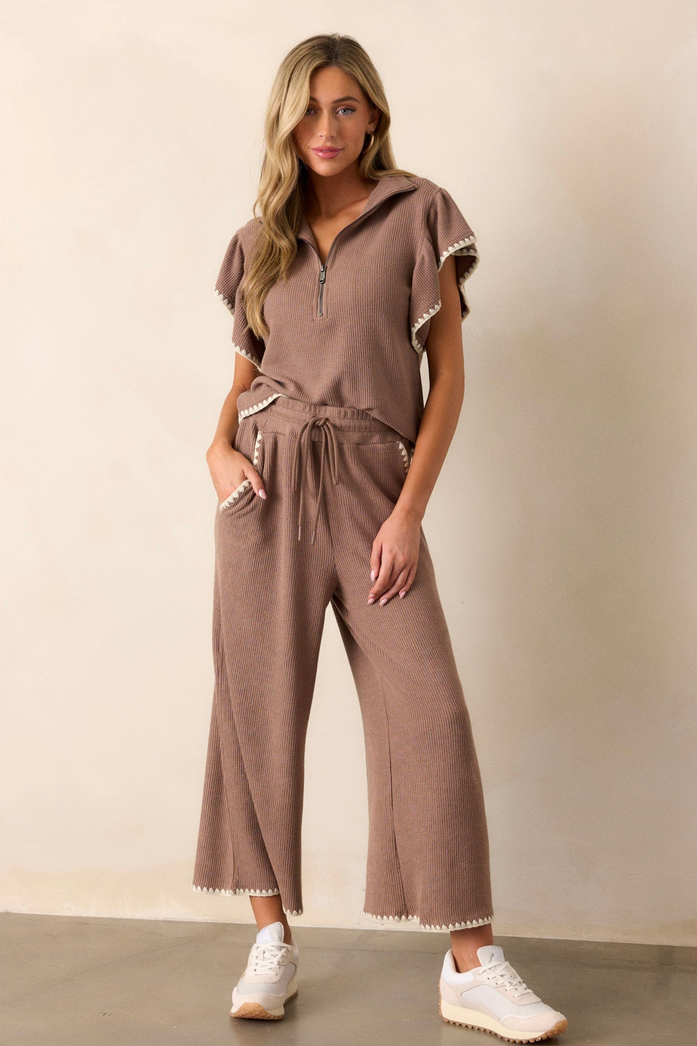Anytime Now Mocha Blanket Stitch Wide Leg Pants